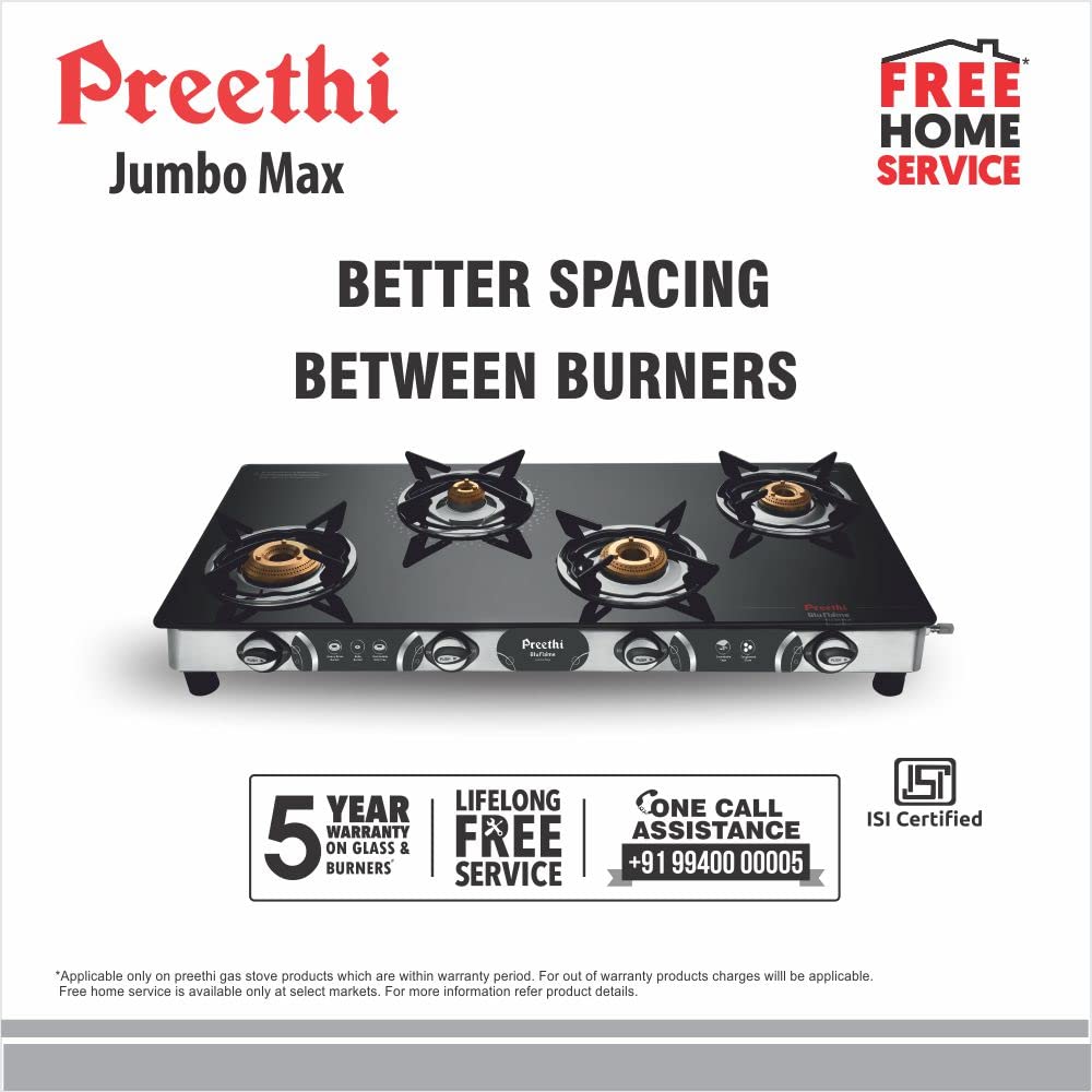 preethi blu flame jumbo glass top 4 burner gas stove