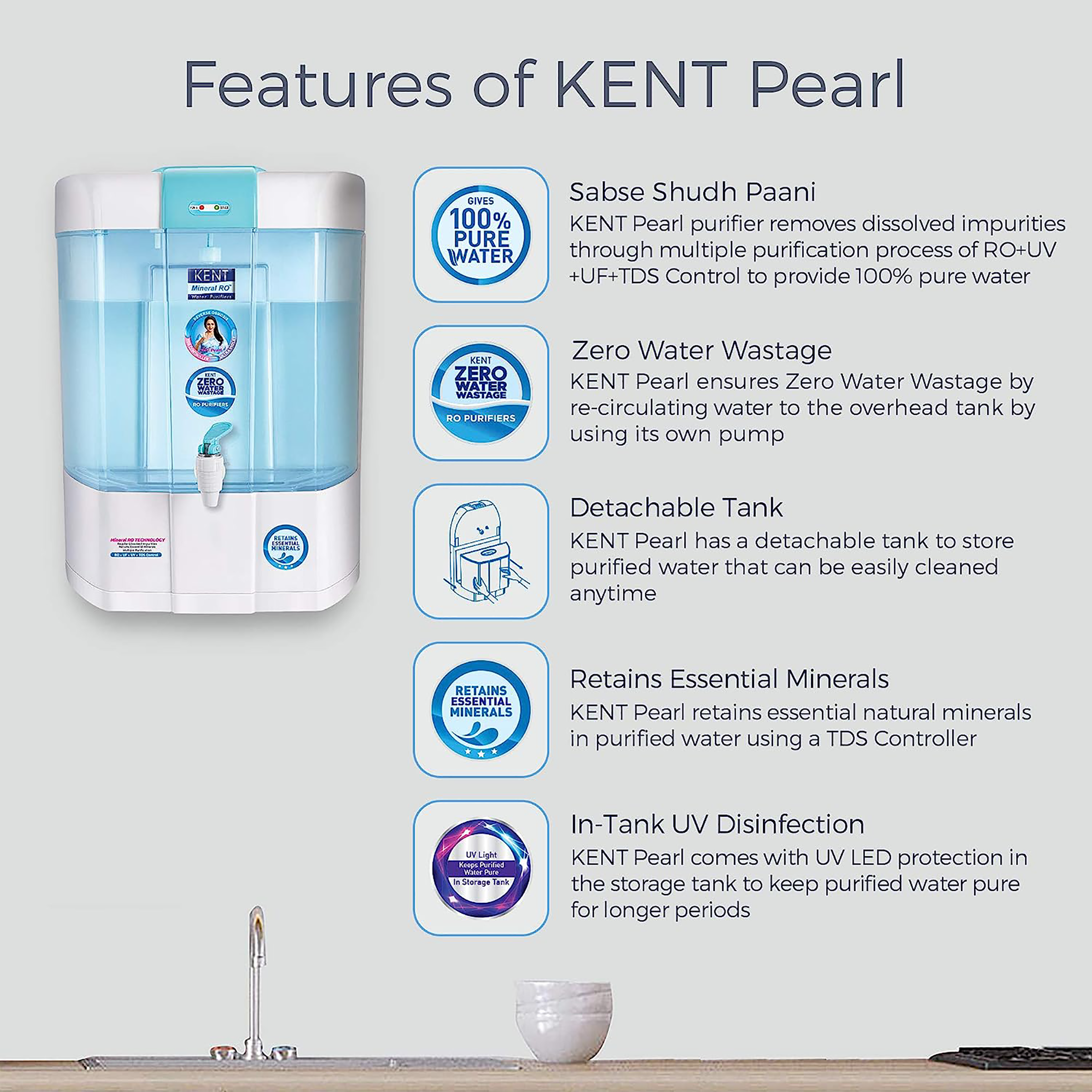 Buy KENT Pearl 8L RO + UV + UF + UV-in-tank + TDS Water Purifier with  Detachable Storage Tank and Zero Water Wastage (White) Online - Croma