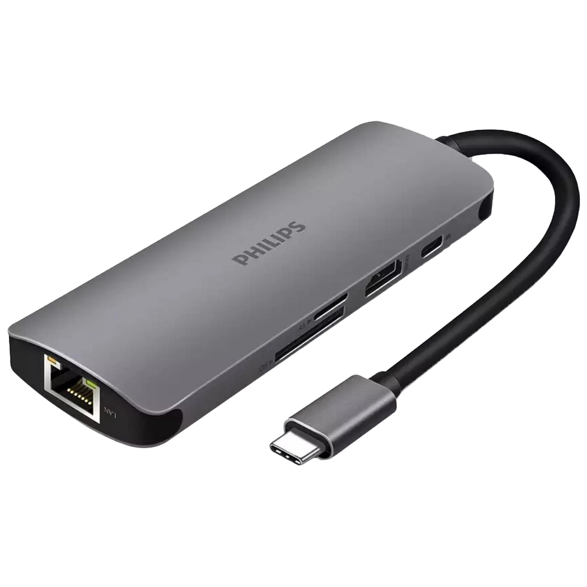 Philips 8-in-1 USB 3.0 Type C to RJ45, USB 3.0 Type A, USB 3.0 Type C, HDMI Type A, SD Card Slot, TF Card Reader USB Hub (5 Gbps Data Transfer Rate, Grey)