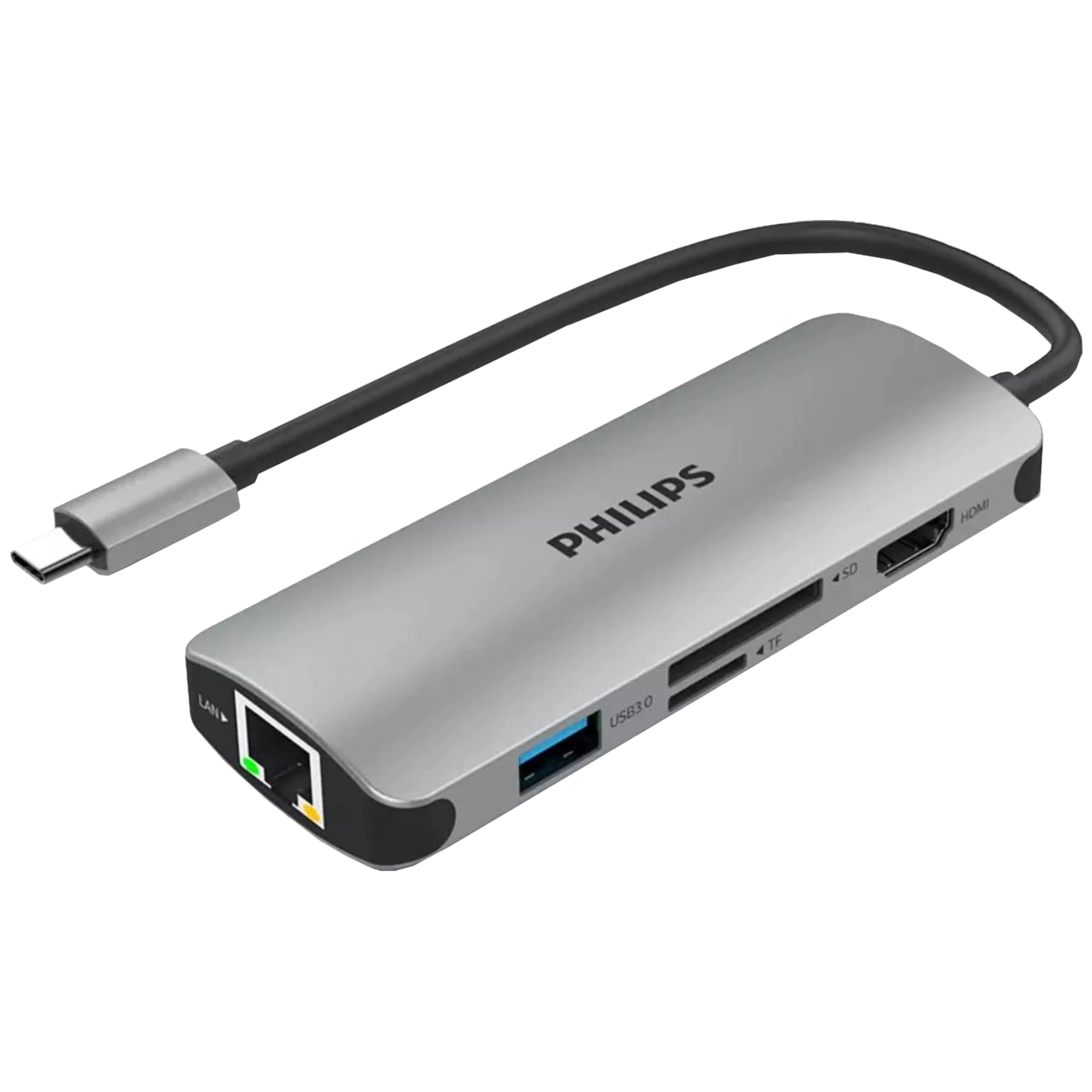 Philips 6-in-1 USB 3.0 Type C to RJ45, USB 3.0 Type C, USB 3.0 Type A, SD Card Slot, TF Card Reader, HDMI Type A USB Hub (5 Gbps Data Transfer Rate, Grey)