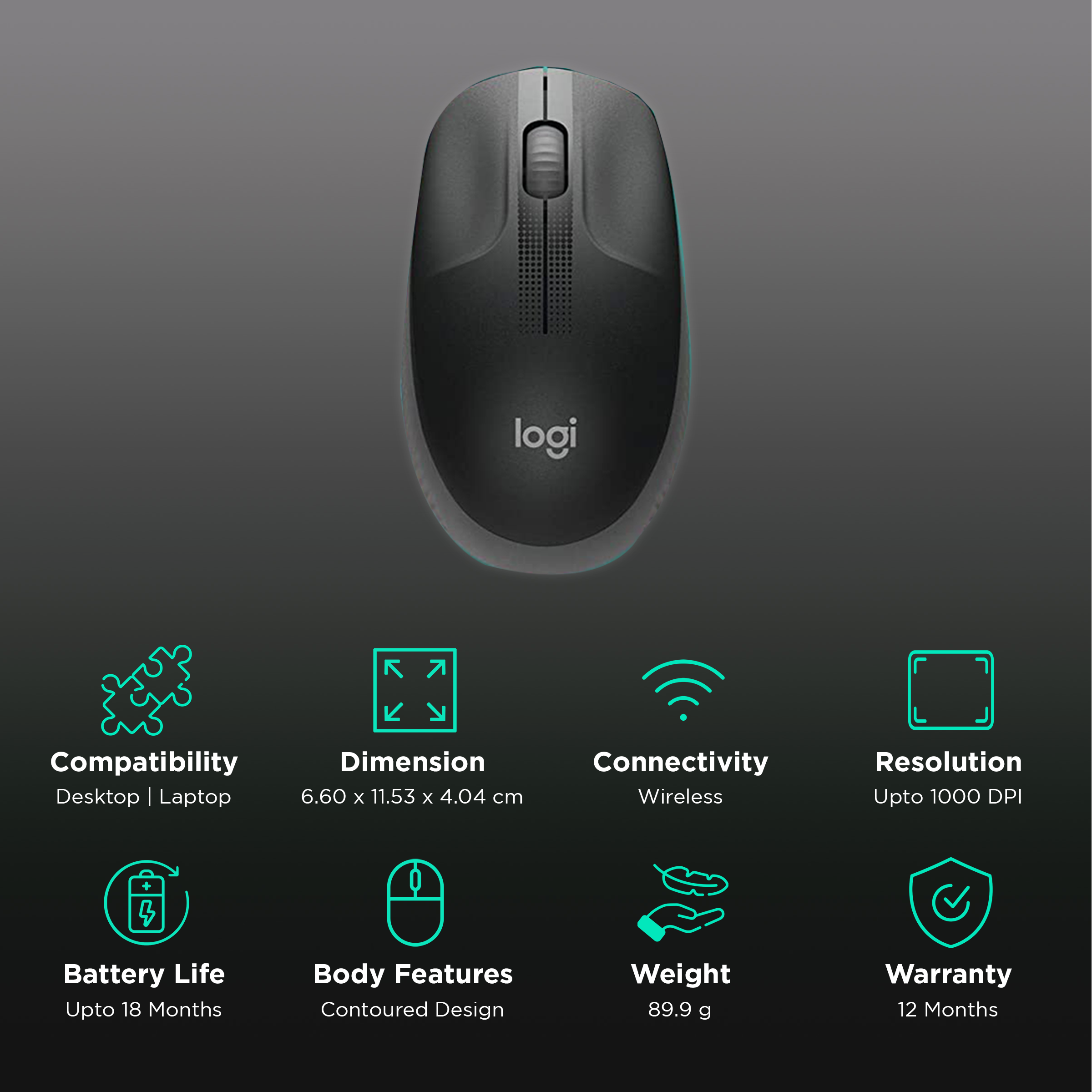 Logitech M190 Wireless Charcoal Mouse Full Size Ambidextrous Curve Design  Black