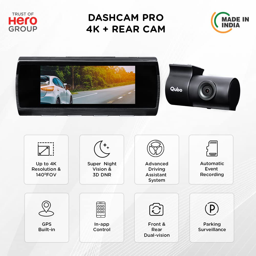 Qubo Dashcam Pro 4K + Rear Camera Set (Built-in GPS, 4K-HCASV001, Black)