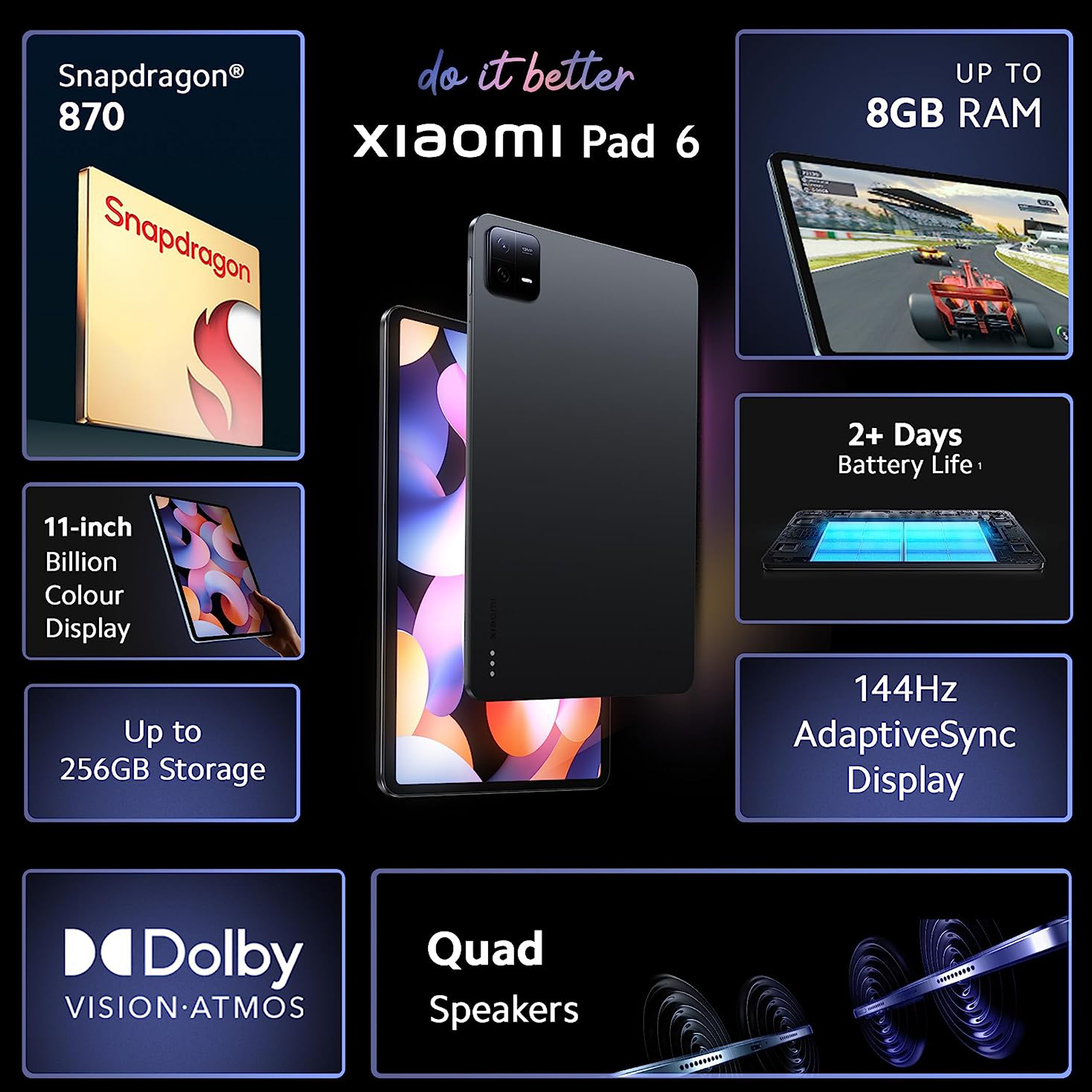  Xiaomi Pad 6 WiFi Version 11 inches Global 144Hz 8840mAh  Bluetooth 5.2 Four Speakers Dolby Atmos 13 Mp Camera + Fast Car 51W Charger  Bundle (128GB + 6GB, Champagne) : Electronics
