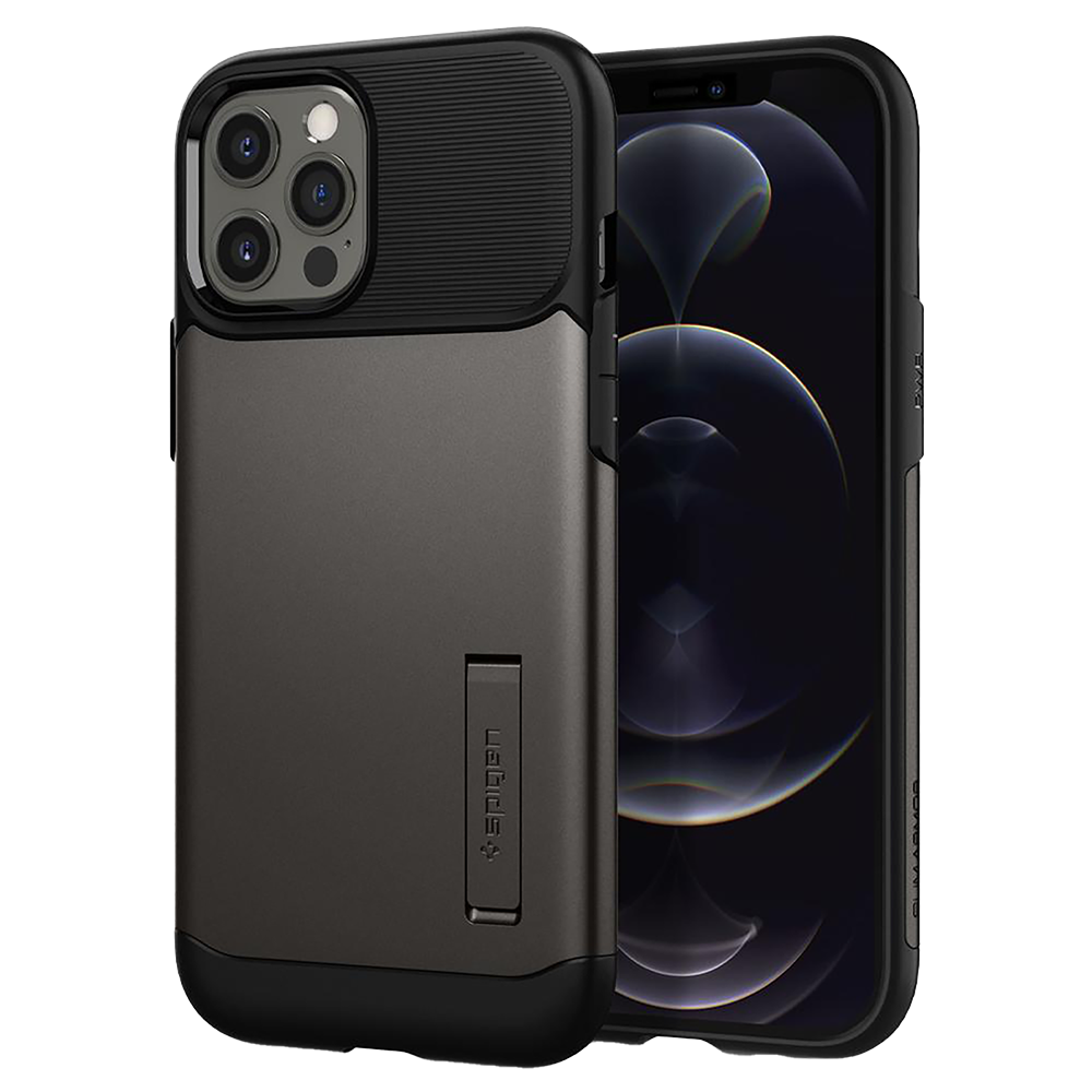 

spigen Slim Armor Polycarbonate Thermoplastic Polyurethane Back Case with Stand for Apple iPhone 12 Pro Max (Air Cushion Technology, ACS01480, Gun Metal)