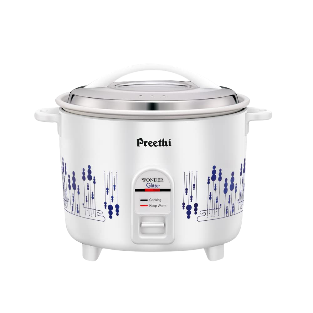 

Preethi Glitter 1.8 Litre Electric Rice Cooker with Keep Warm Function (White), White and blue