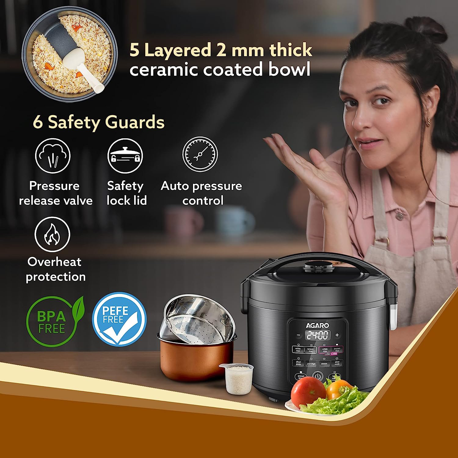 Regal Electric Rice Cooker, 3 Liters Ceramic Inner Bowl Cooks Up to 600 Gms