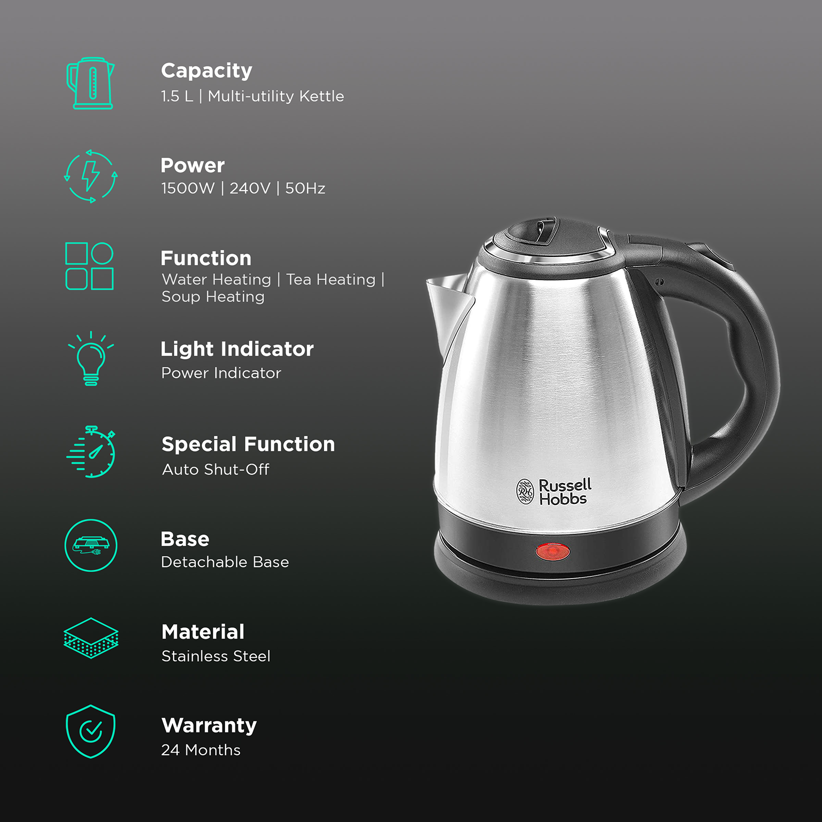 Russell Hobbs Automatic Stainless Steel Electric Kettle Dome1515 1500 Watt  - 1.5 Litre with 2 Year Manufacturer Warranty, 1.5 Liter, 1500 Watt