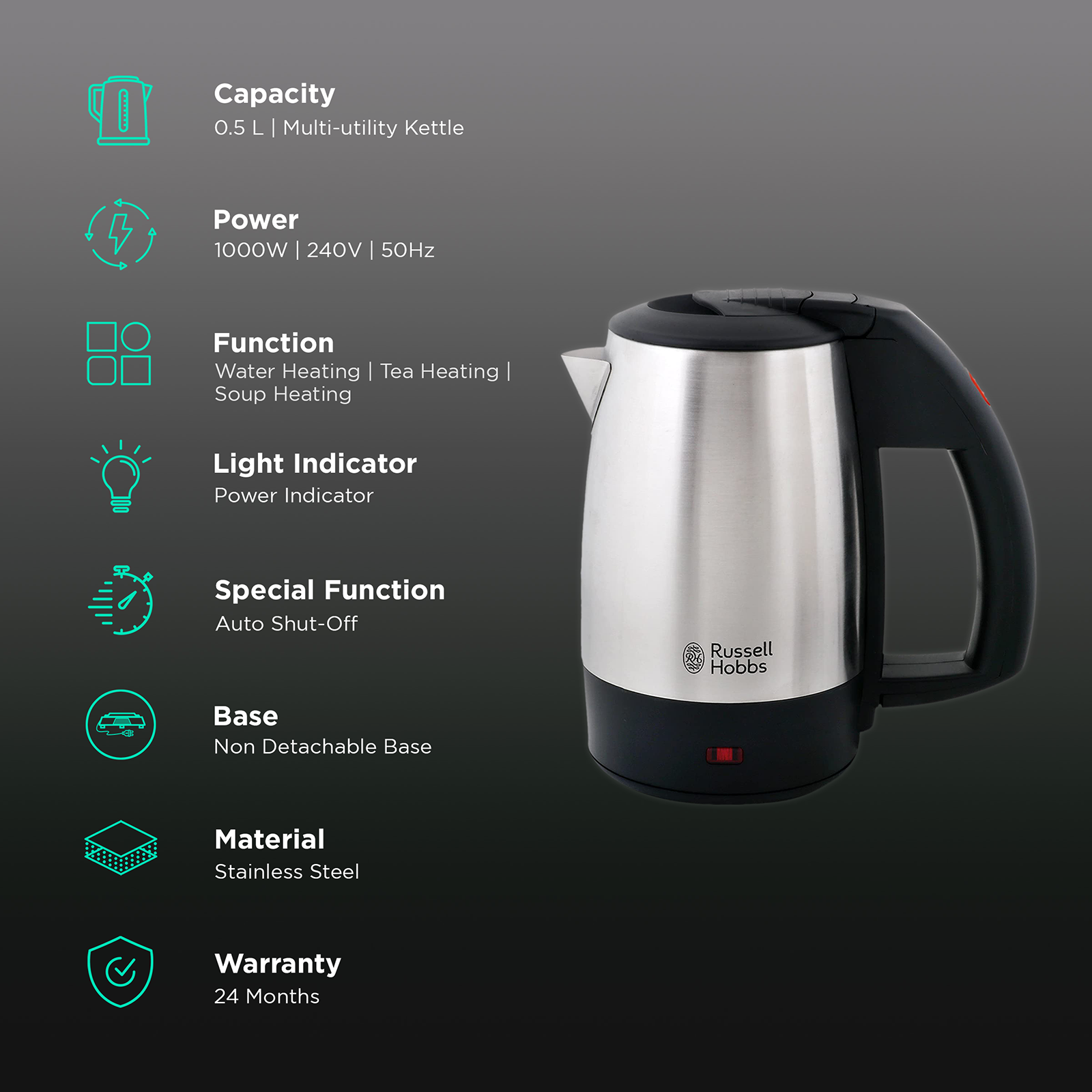 Russell Hobbs RJK500T Stainless Steel 1000W 0.5 L Electric Travel  Kettle(Black)