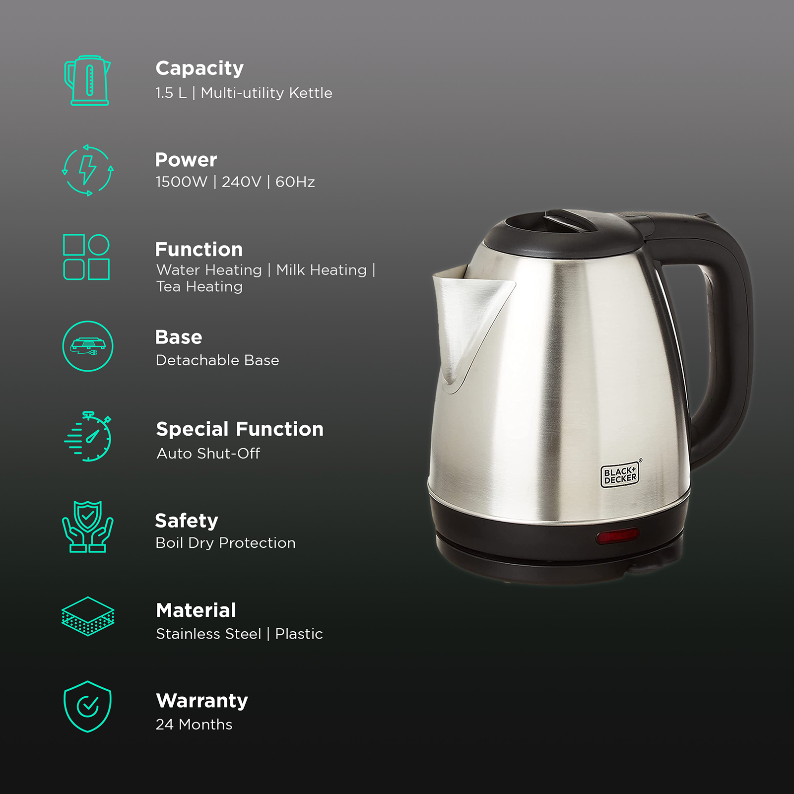 Black & Decker Stainless Steel 1500 W Electric Kettle 1.5 L Bxke1501in