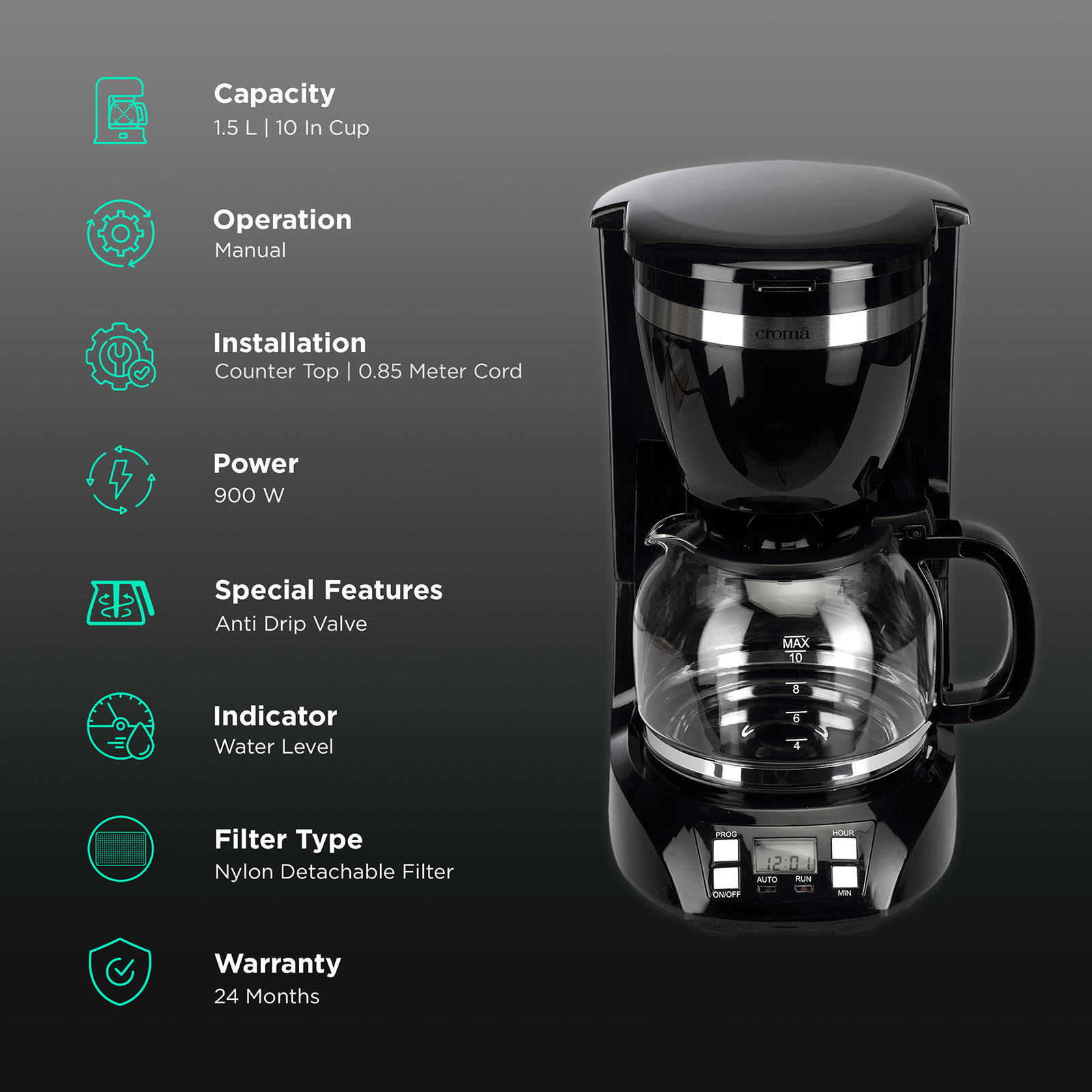 Buy Croma 600 Watt 5 Cups Manual Black Coffee Maker with Rust Resistant  (Black) Online – Croma