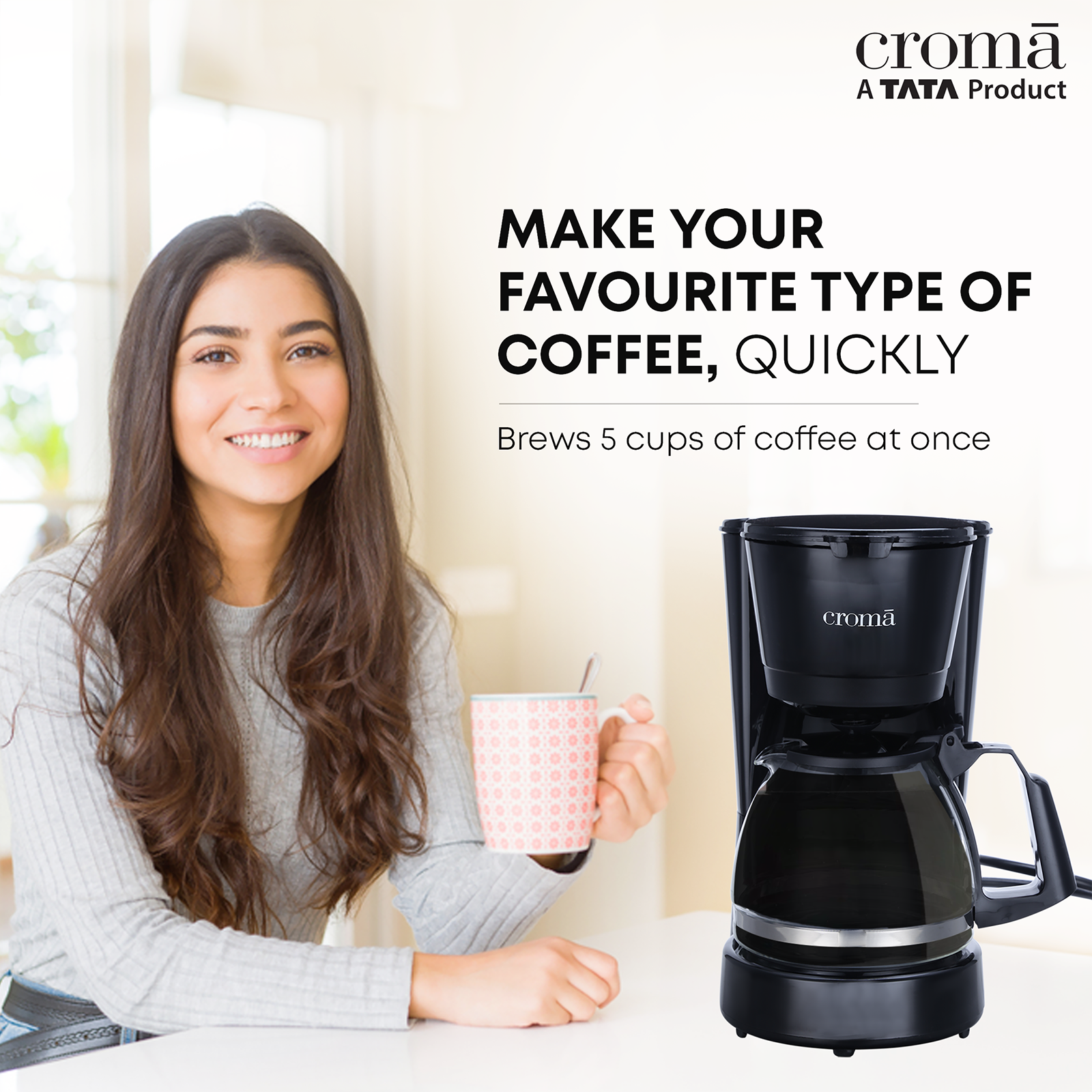 Buy Croma 600 Watt 5 Cups Manual Black Coffee Maker with Rust Resistant ( Black) Online – Croma