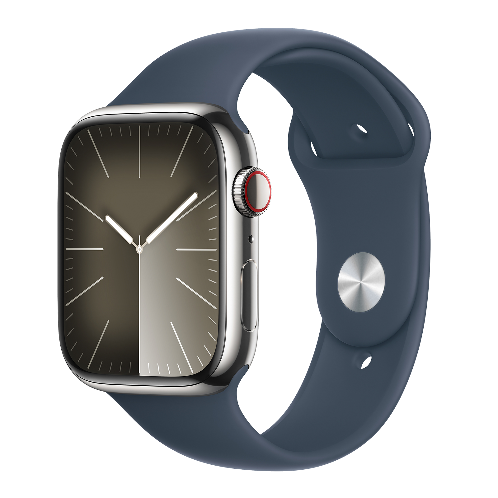 

Apple Watch Series 9 GPS+Cellular with Storm Blue Sport Band - S/M (45mm Display, Silver Stainless Steel Case)