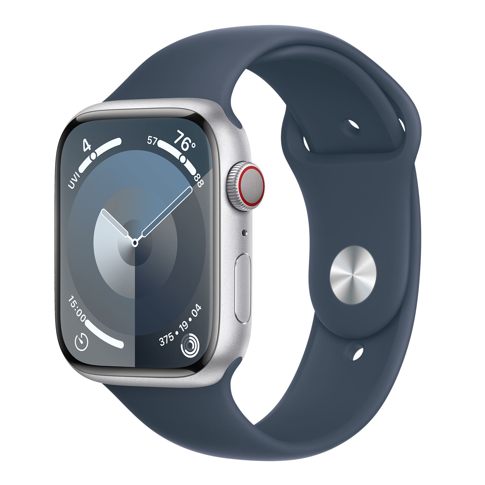 

Apple Watch Series 9 GPS+Cellular with Storm Blue Sport Band - M/L (45mm Display, Silver Aluminium Case)