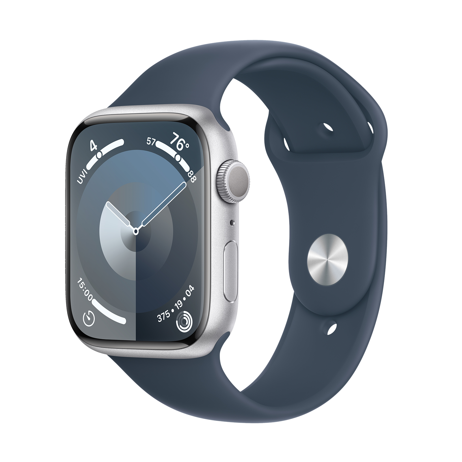 Apple Watch Series 9 GPS with Storm Blue Sport Band - M/L (45mm Display, Silver Aluminium Case)