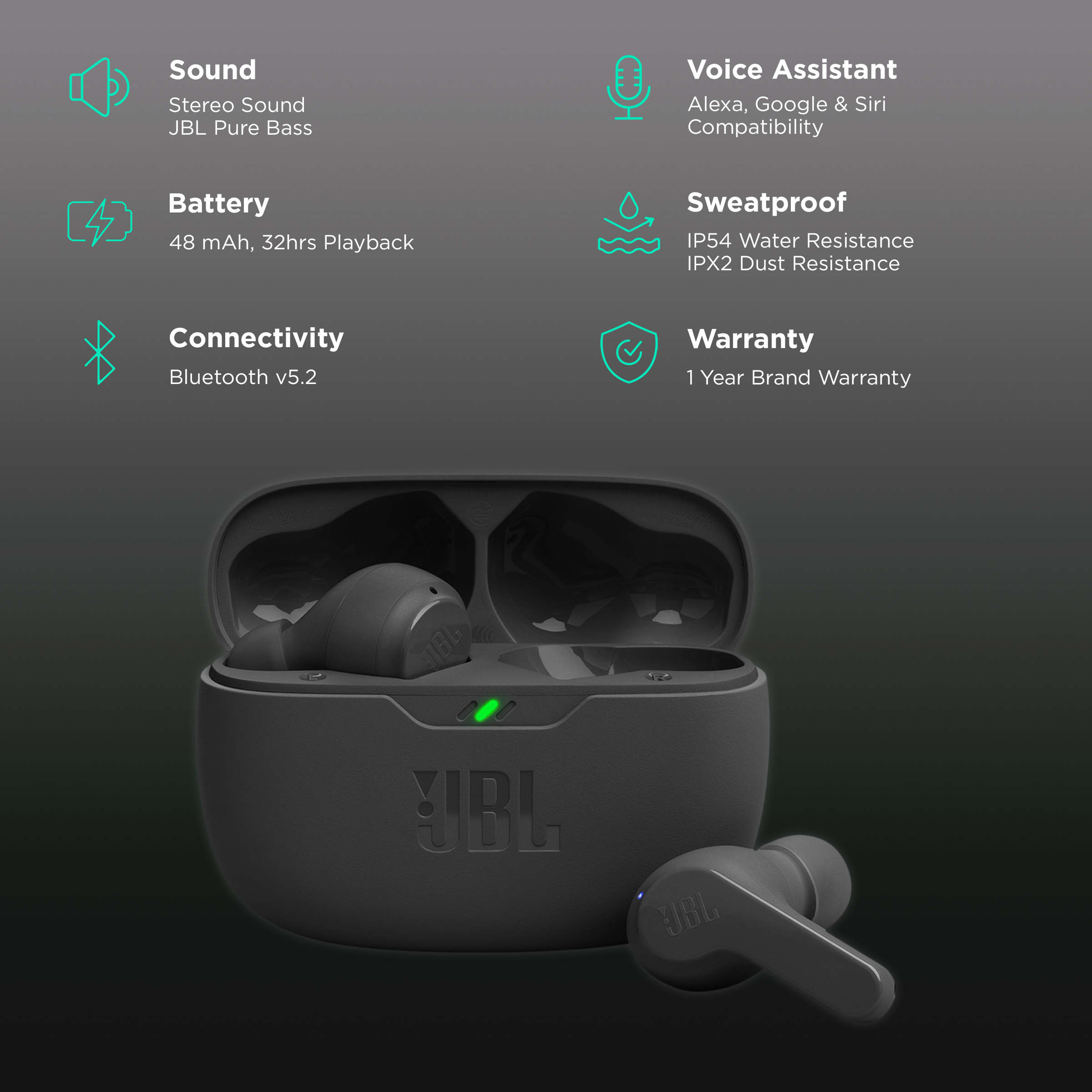 JBL Wave Beam, In-Ear Wireless Earbuds with IP54 and IPX2
