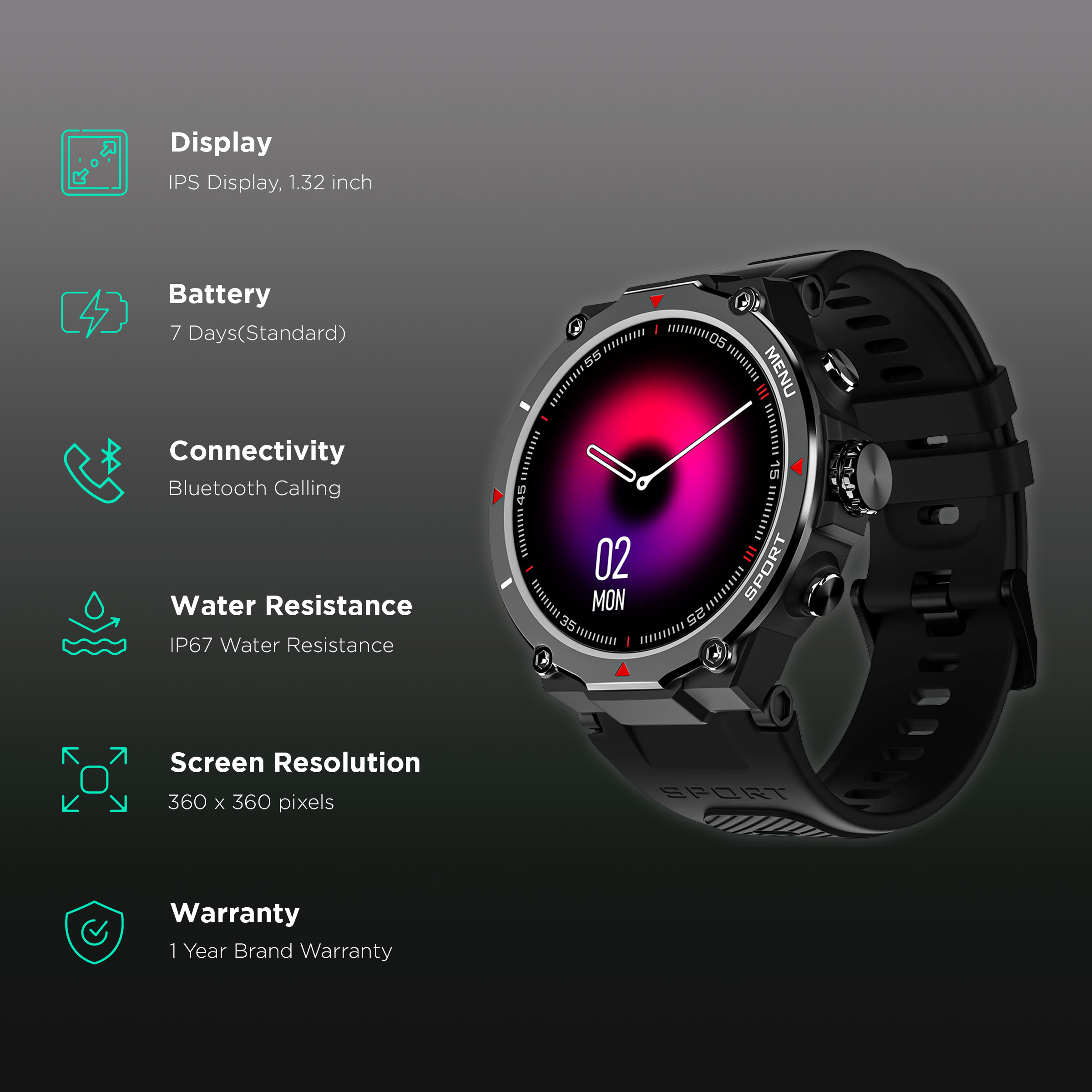 noise ColorFit Caliber Buzz Smartwatch with Bluetooth Calling (42.9mm TFT  Display, IP68 Water Resistant, Jet Black Strap)