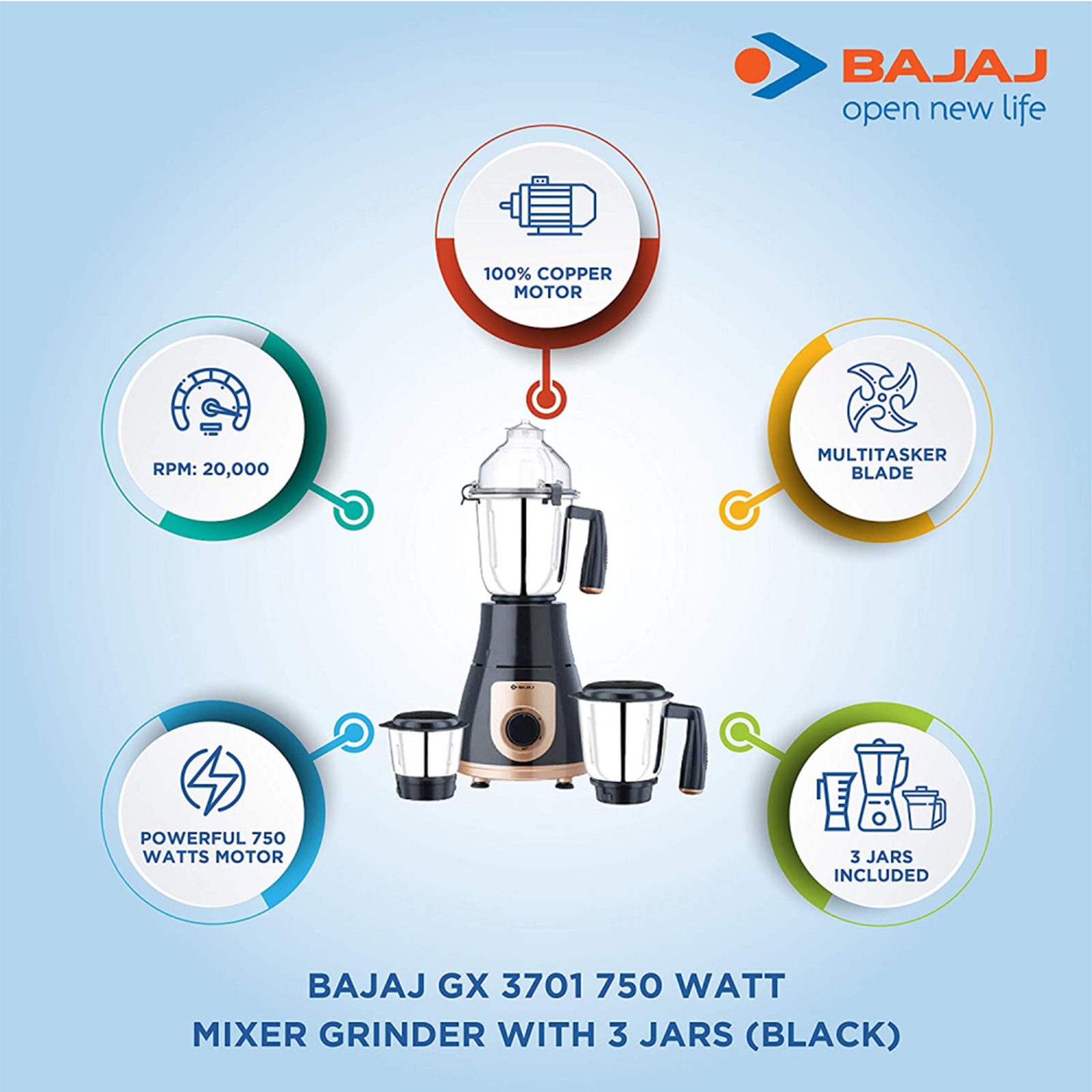 Bajaj GX-3701 750W Mixer Grinder with Nutri-Pro Feature, 3 Jars, Black