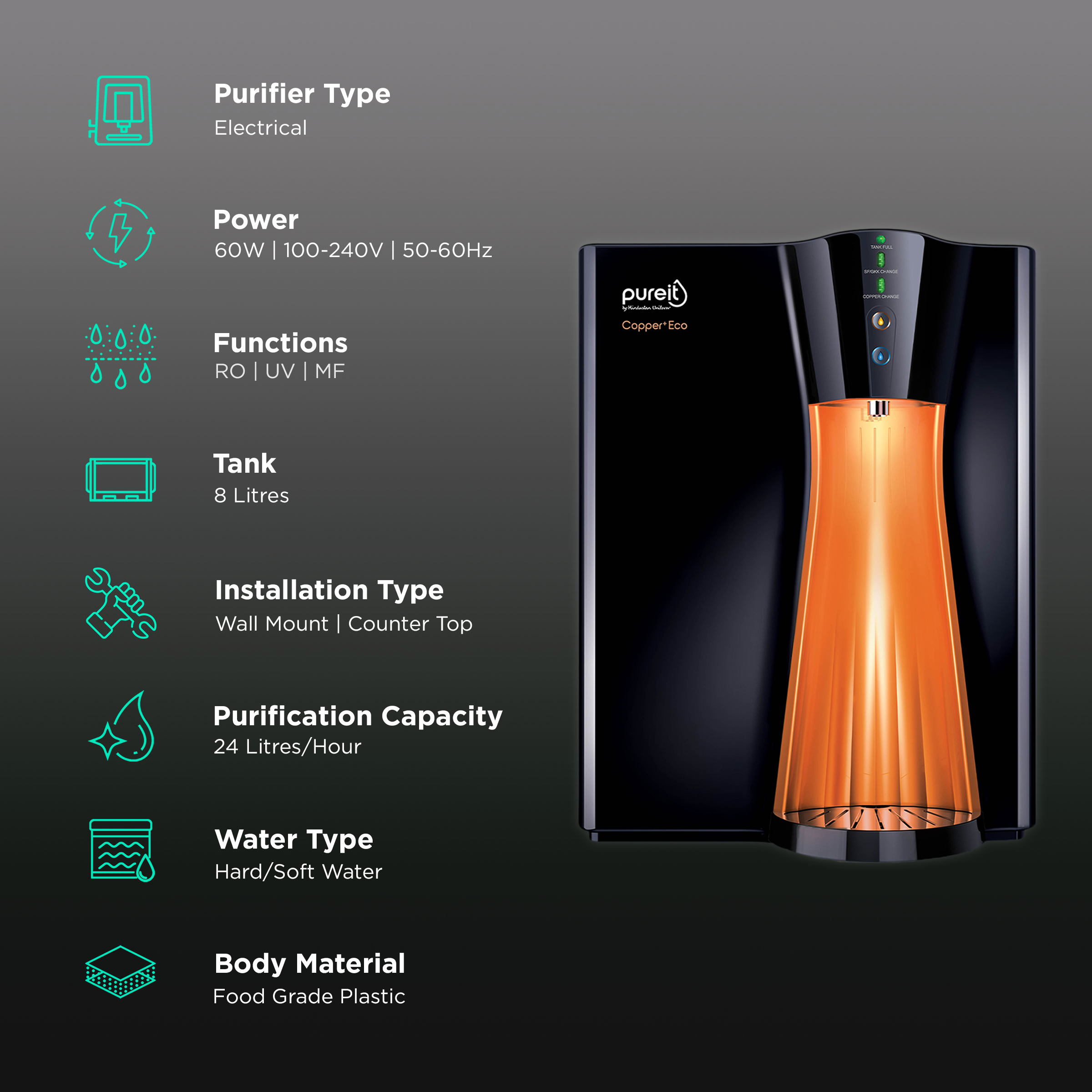 Buy pureit Copper + Eco Mineral 8L RO + UV + MF Water Purifier with  Advanced 7 Stage Purification And Eco Recovery Technology (Black) Online -  Croma