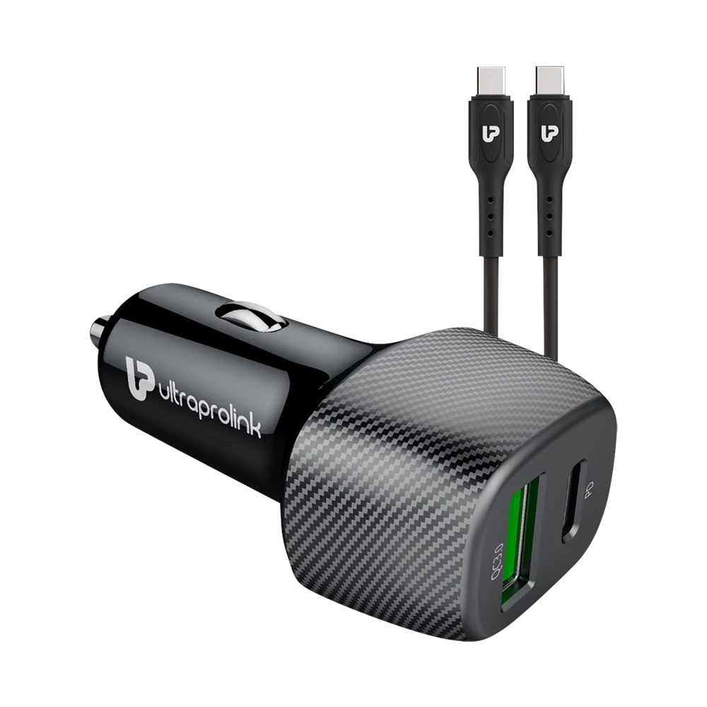 ultraprolink Mach 38W Type A & Type C 2-Port Car Charger (Type C to Type C Cable, Qualcomm Quick Charge 3.0, Black)