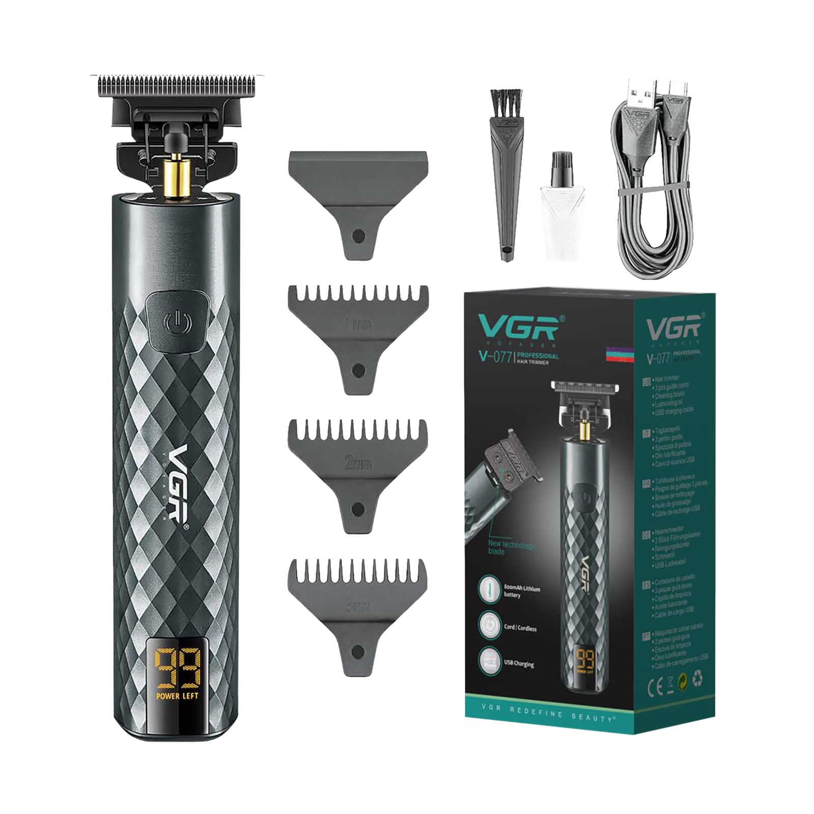 VGR V-077 Rechargeable Cordless Dry Trimmer for Hair Clipping, Beard, Moustache, Body Grooming & Intimate Areas with 3 Length Settings for Men (150min Runtime, LED Display, Black)