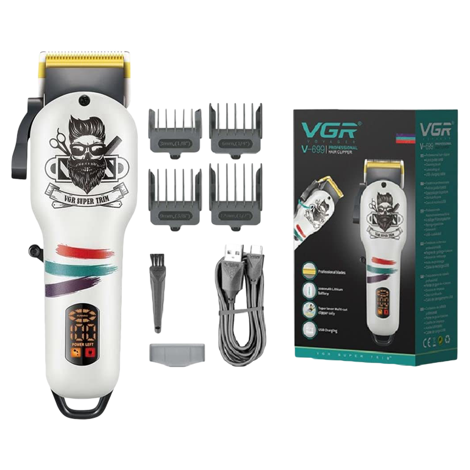 

VGR V-699 Rechargeable Cordless Wet & Dry Trimmer for Hair Clipping, Beard, Moustache, Body Grooming & Intimate Areas with 4 Length Settings for Men (180min Runtime, LED Digital Display, White)