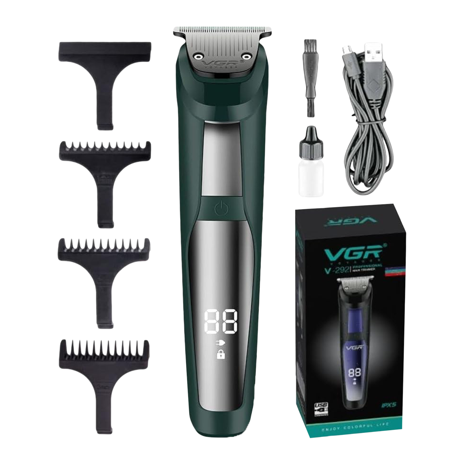 

VGR V-291 Rechargeable Corded & Cordless Wet & Dry Trimmer for Hair Clipping, Beard, Moustache & Body Grooming with 4 Length Settings for Men (120min Runtime, LED Digital Display, Green)