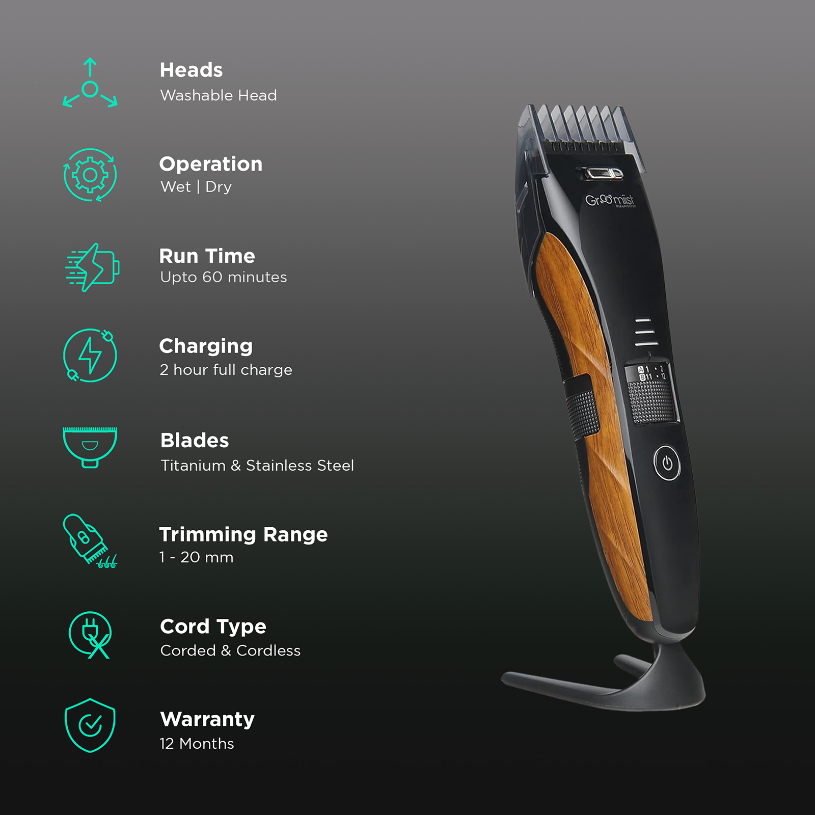 Buy Groomiist Copper Series Rechargeable Corded & Cordless Wet & Dry Trimmer  for Hair Clipping, Beard & Moustache with 20 Length Settings for Men (60min  Runtime, Digital Charging Display, Black & Wood)