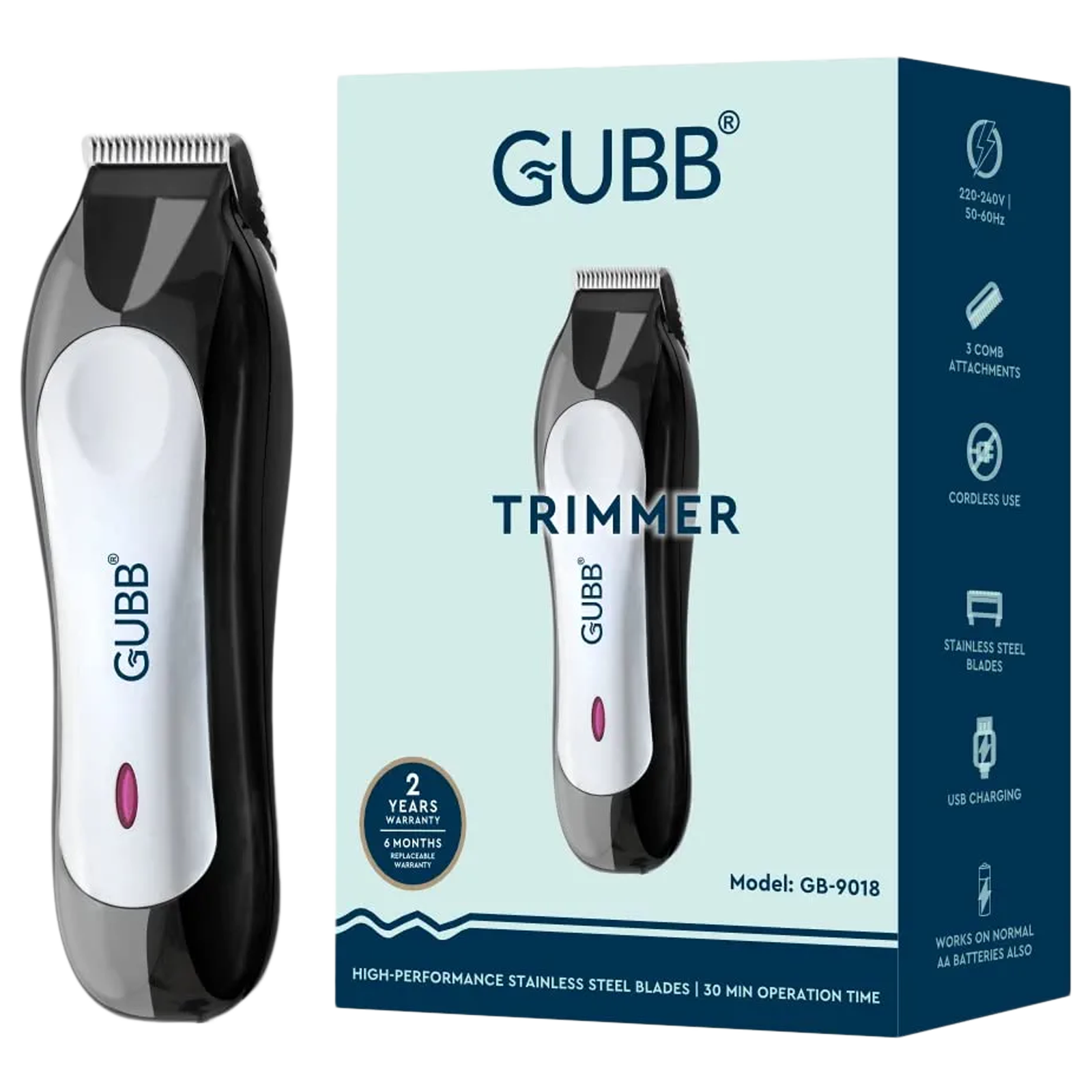 GUBB GB-9018 Rechargeable Cordless Dry Trimmer for Beard with 5 Length Settings for Men (30mins Runtime, 360 Degree Rotating Blades, Black)