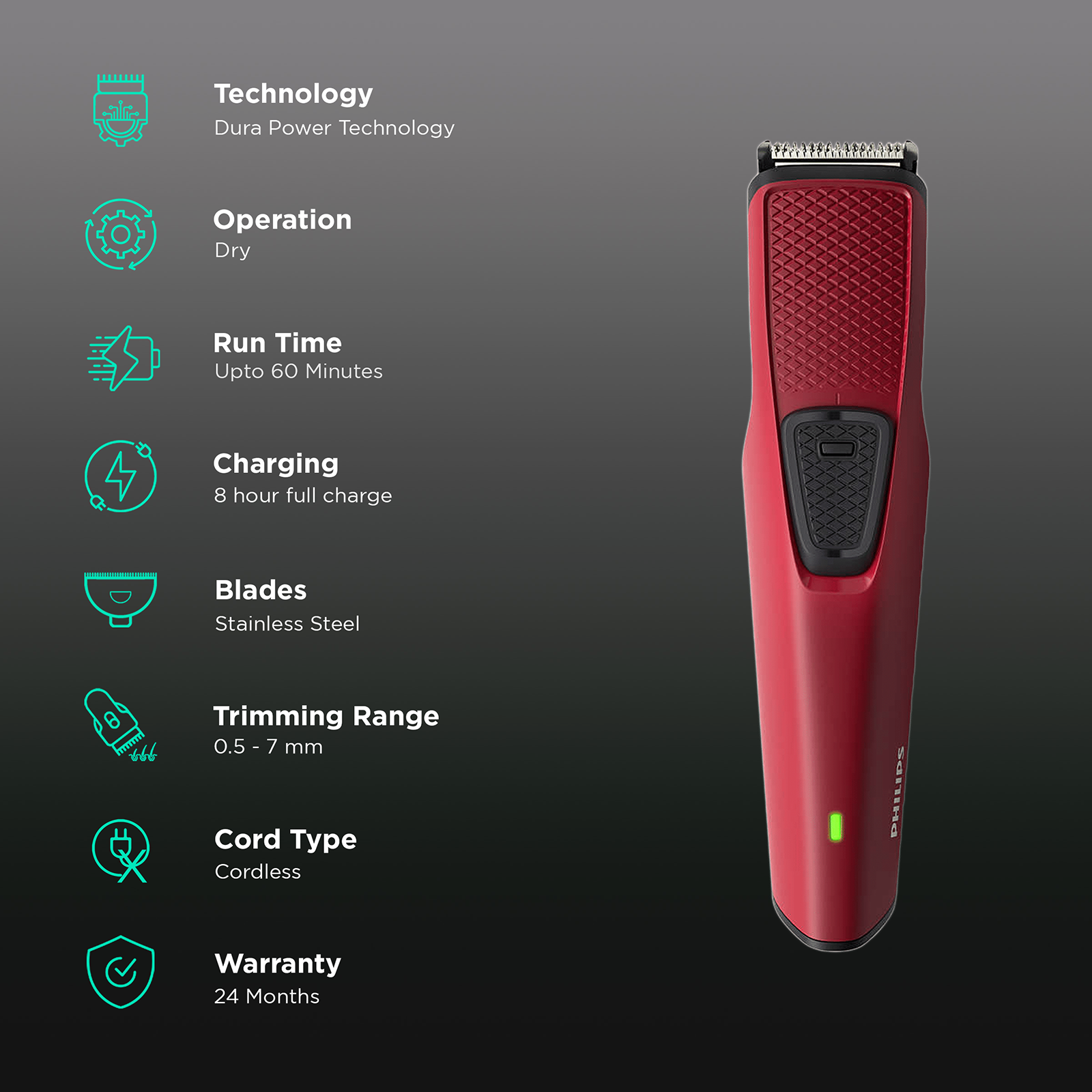 Buy PHILIPS Series 1000 Rechargeable Cordless Dry Trimmer for Beard &  Moustache with 4 Length Settings for Men (60min Runtime, DataPower  Technology, Red) Online - Croma