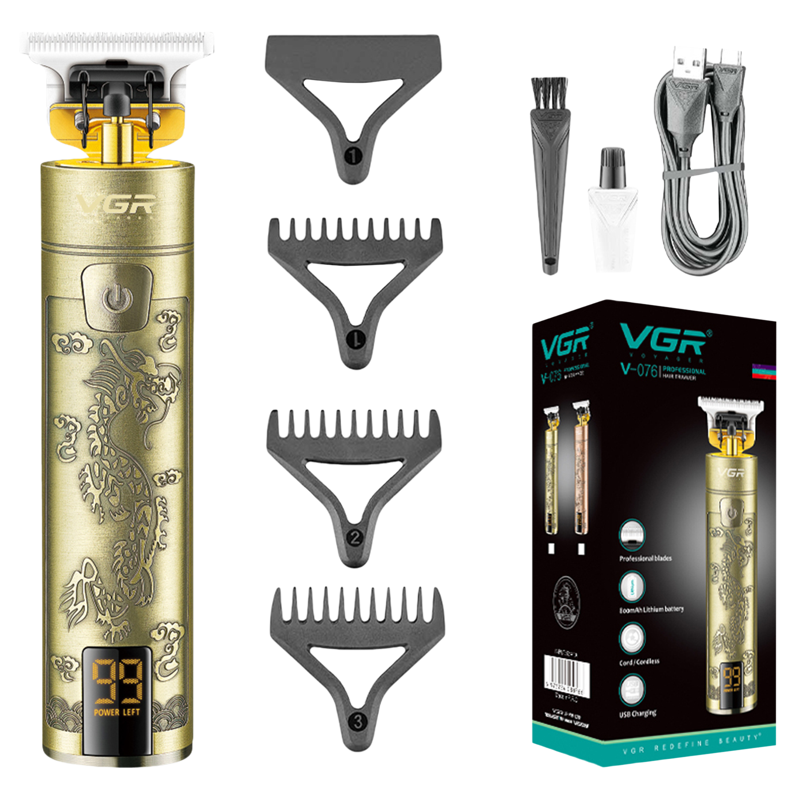 

VGR V-076 Rechargeable Corded & Cordless Wet & Dry Trimmer for Hair Clipping, Beard, Moustache & Body Grooming with 3 Length Settings for Men (150min Runtime, LED Display, Gold)