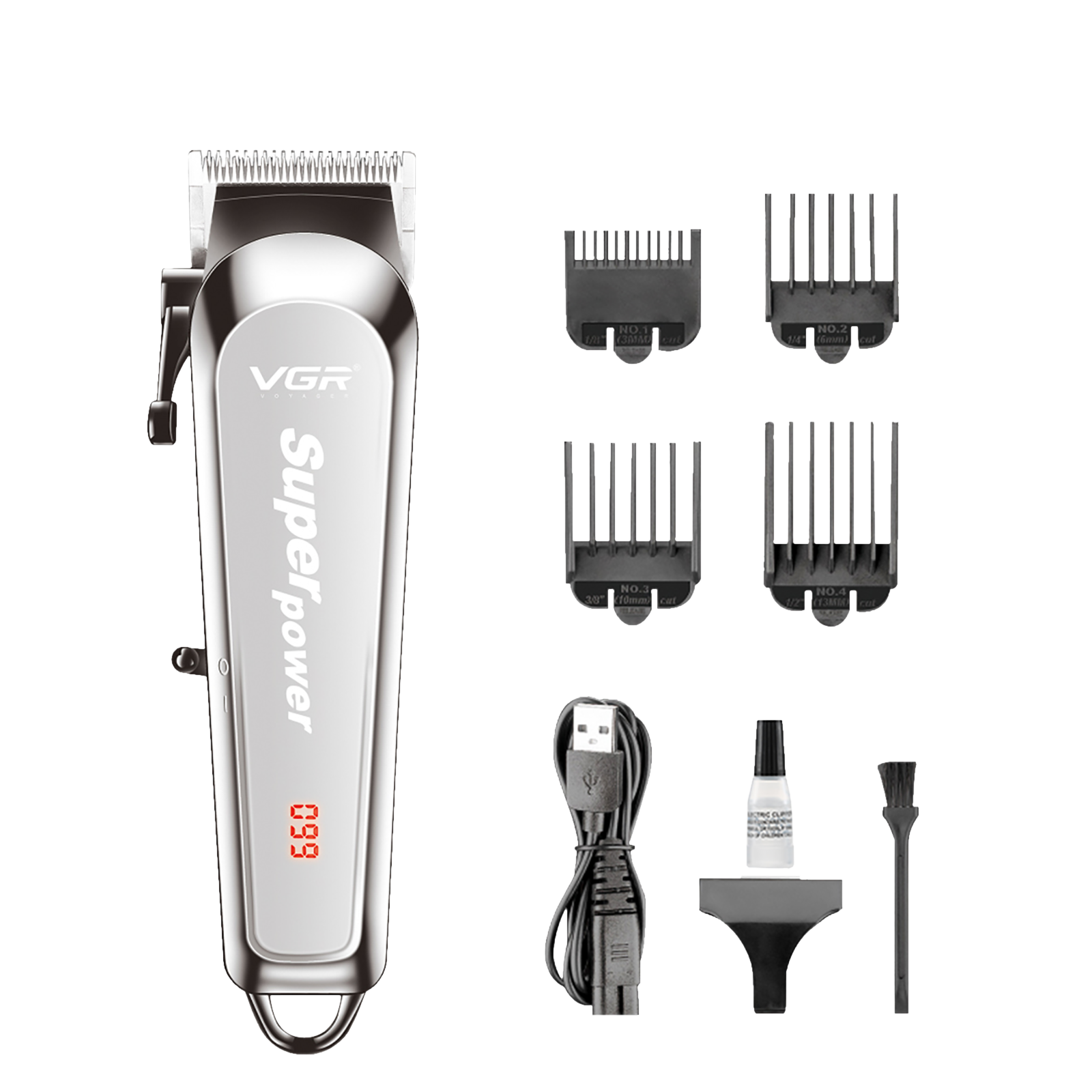 VGR V-060 Rechargeable Cordless Dry Trimmer for Hair Clipping, Beard, Moustache & Body Grooming with 4 Length Settings for Men (150min Runtime, Digital LED Display, Silver)