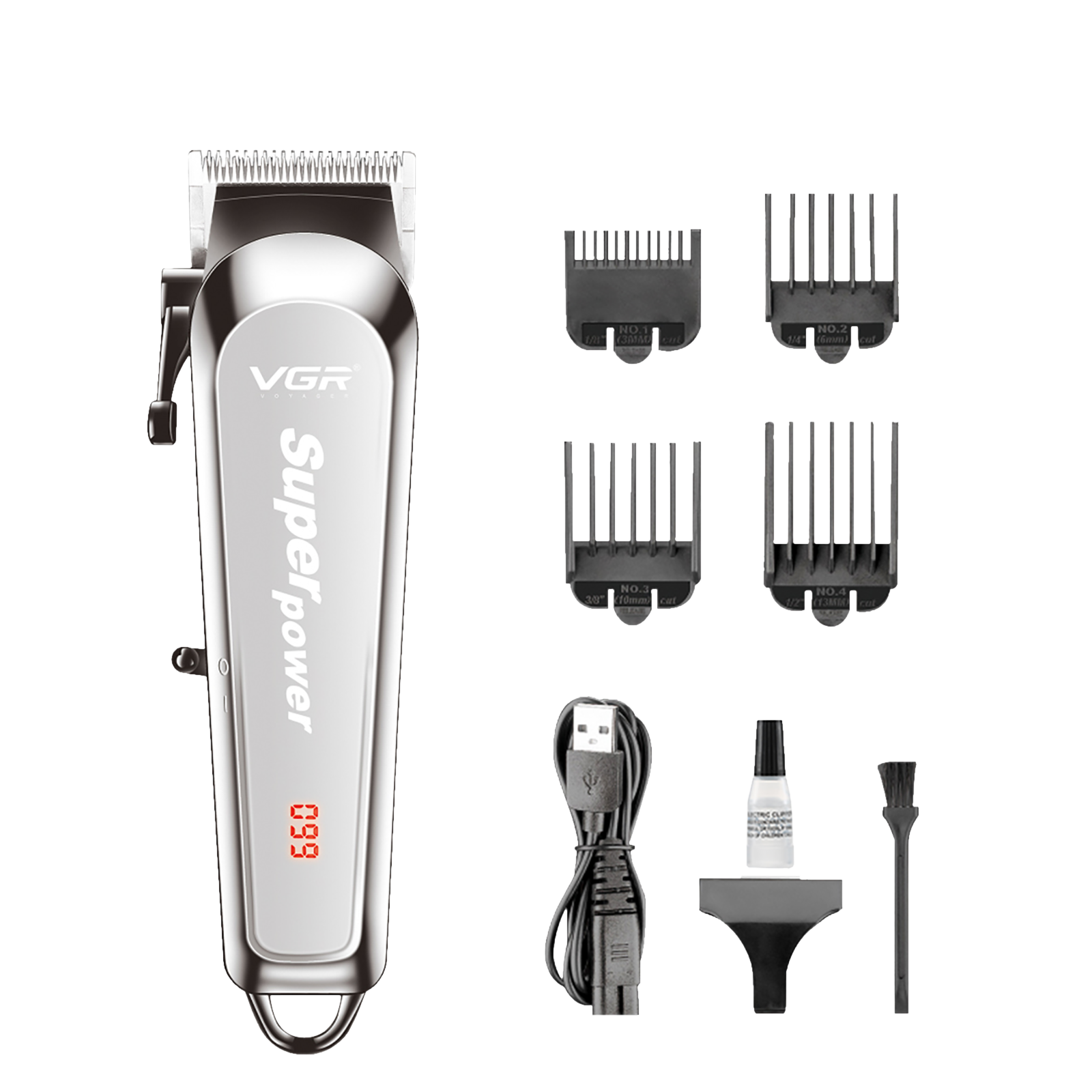 

VGR V-060 Rechargeable Cordless Dry Trimmer for Hair Clipping, Beard, Moustache & Body Grooming with 4 Length Settings for Men (150min Runtime, Digital LED Display, Silver)