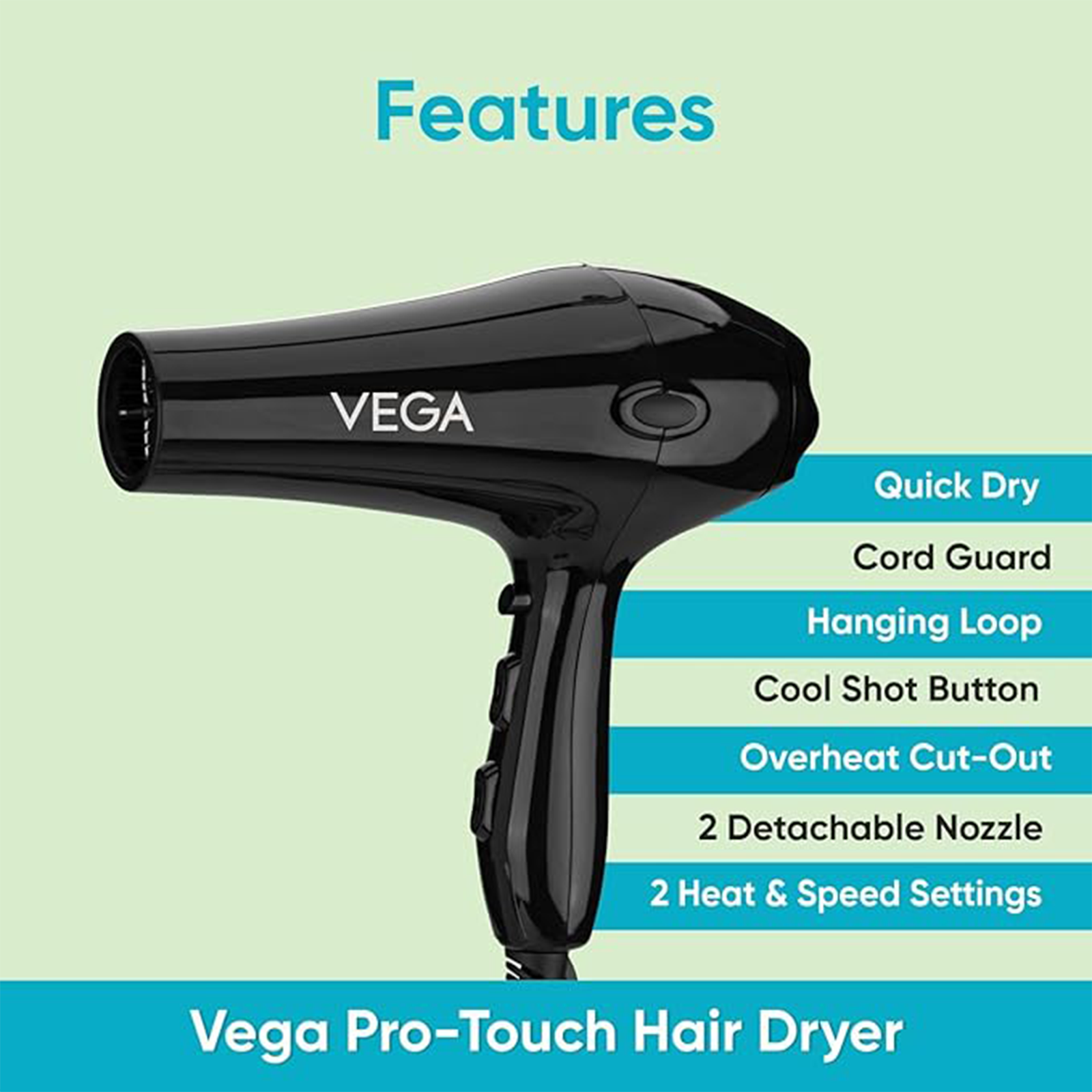 Buy VEGA Pro Touch Hair Dryer with 2 Heat Settings (Overheat Protection,  Black) Online - Croma