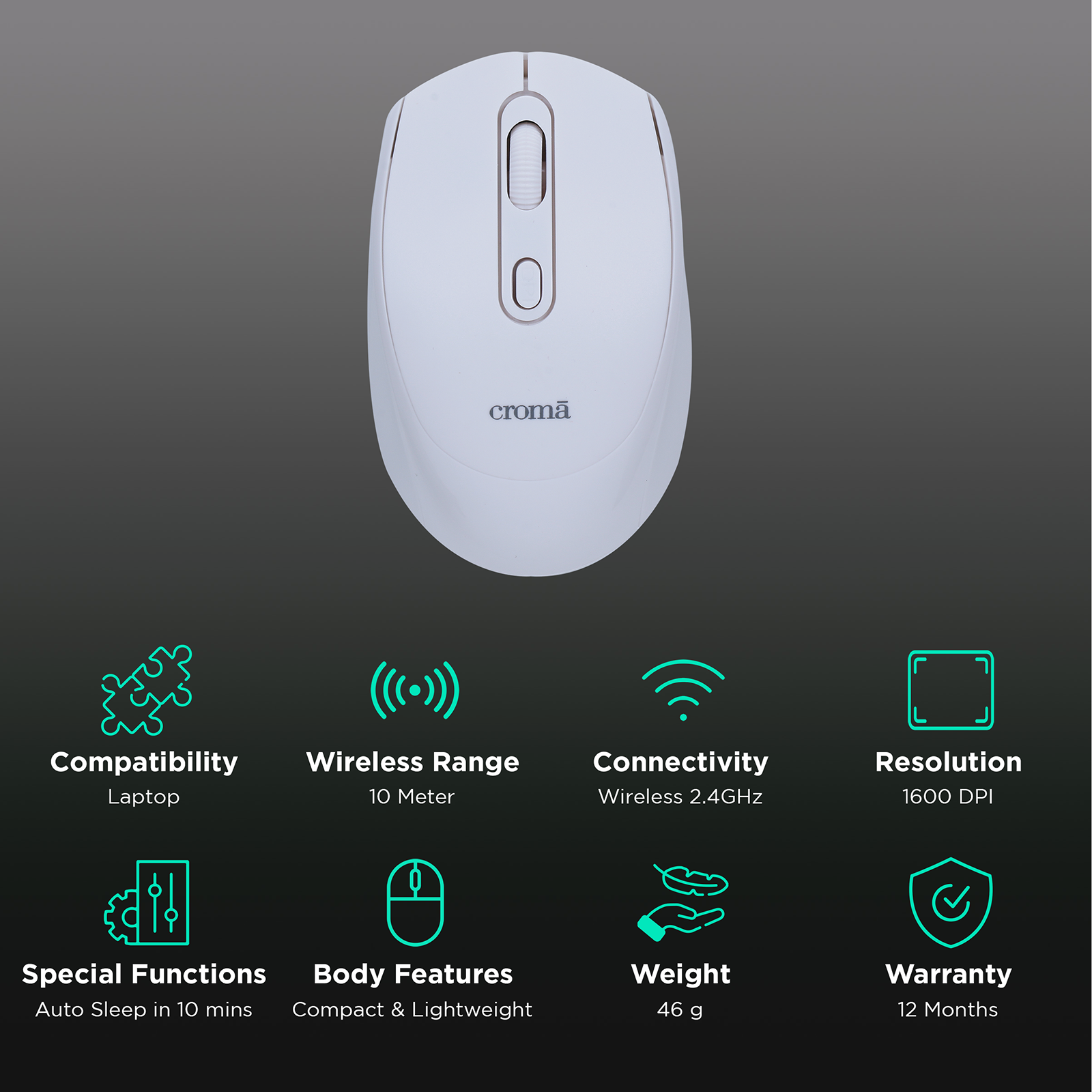 Buy Croma Wireless Optical Mouse (Variable DPI Up to 1600, Compact &  Lightweight Design, White) Online - Croma