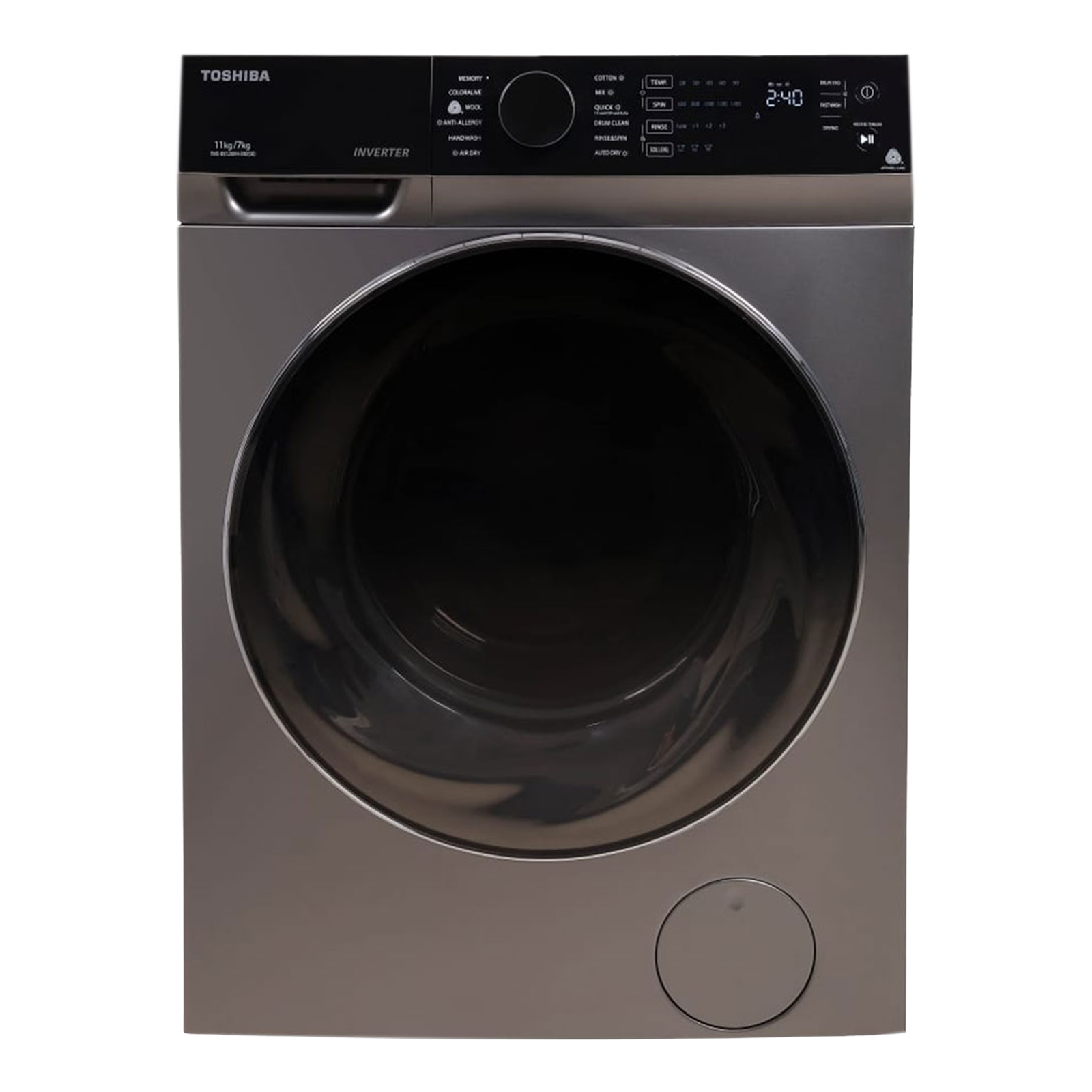 

TOSHIBA 11/7 kg Inverter Fully Automatic Front Load Washer Dryer (TWD-BK120M4-IND(SK), Cyclone Mix Feature, Silver)