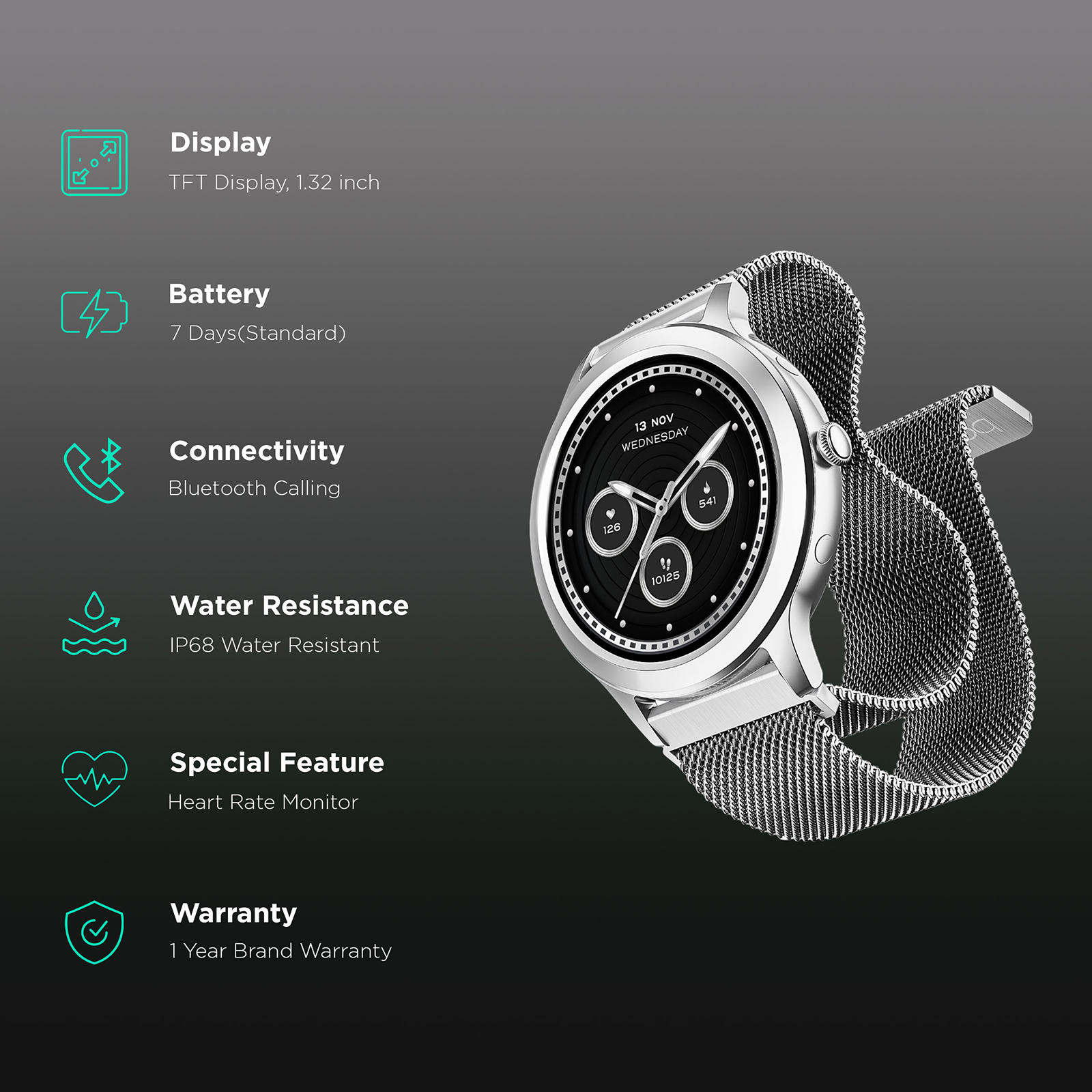 Buy boAt Enigma R32 Smartwatch with Bluetooth Calling (33.5mm TFT AMOLED  Display, IP67 Sweat Resistant, Classic Silver Strap) Online - Croma