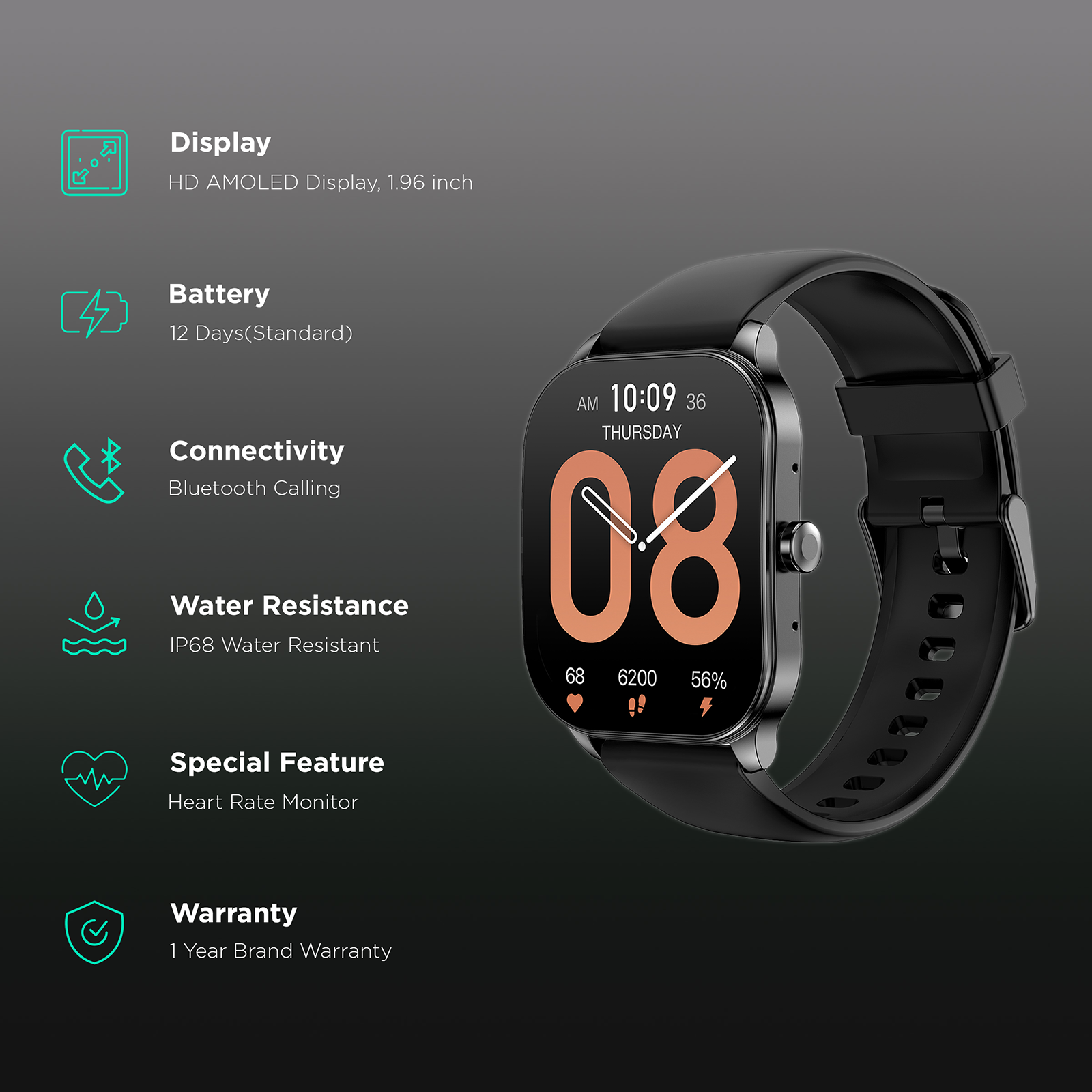 amazfit Pop 3S Smartwatch with Bluetooth Calling (49.7mm AMOLED Display,  IP68 Water Resistant, Black Strap)