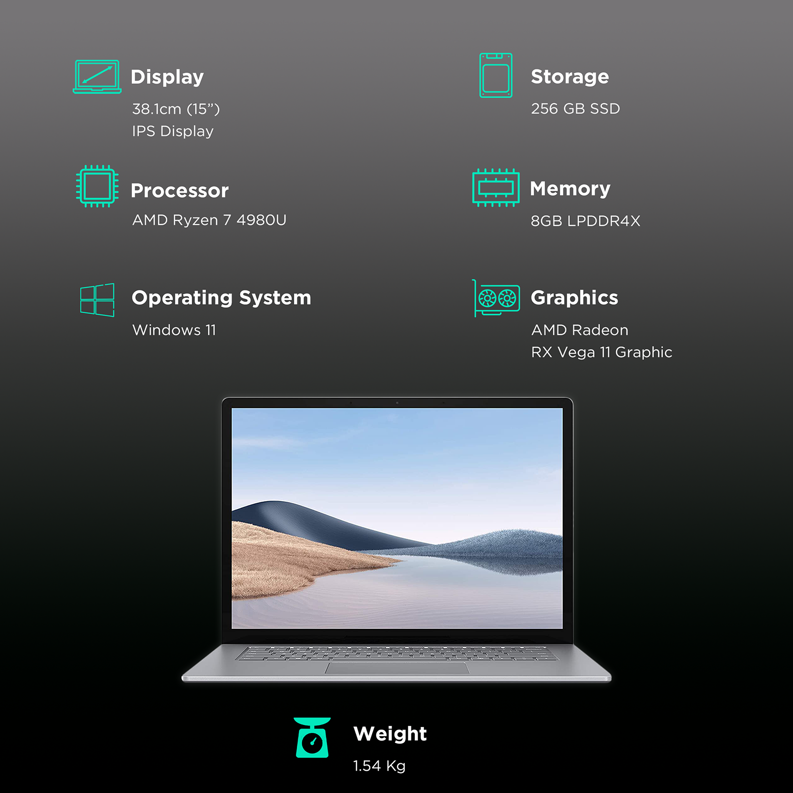 Microsoft Laptop 4 - 15 inches Screen, AMD R7/Windows 10 Home/8GB RAM/256  GB SSD/ Platinum - (5UI-00049)