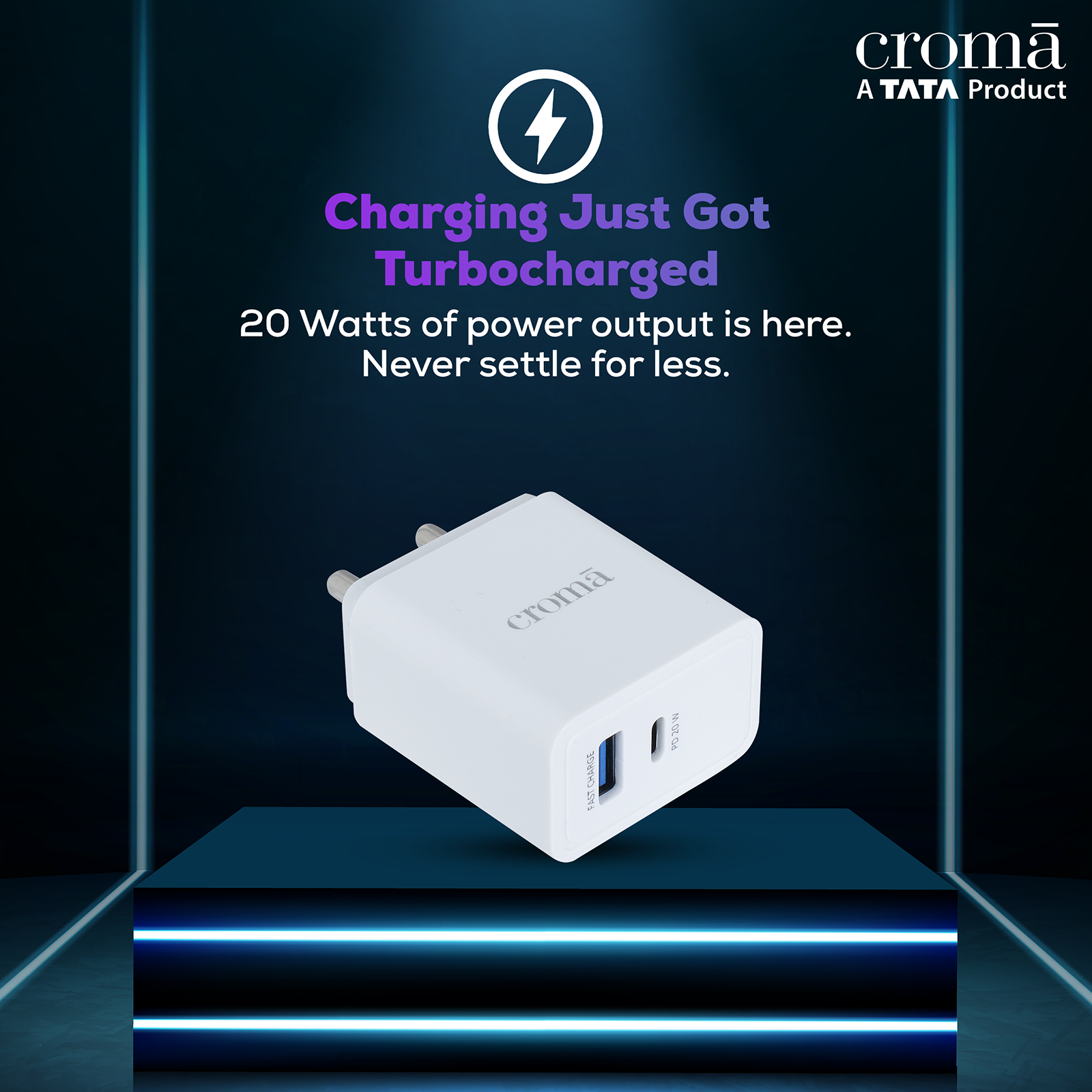 Buy Croma 20W Type A & Type C 2-Port Fast Charger (Type C Cable, Apple  Compatible, White) Online - Croma