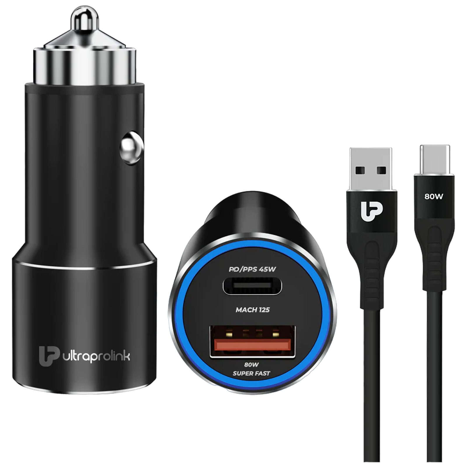 ultraprolink Mach 125 125 Watts 2 USB Ports Type C and Type A Car Charging Adapter with Cable (Multi Layer Protection, UM1160, Black)