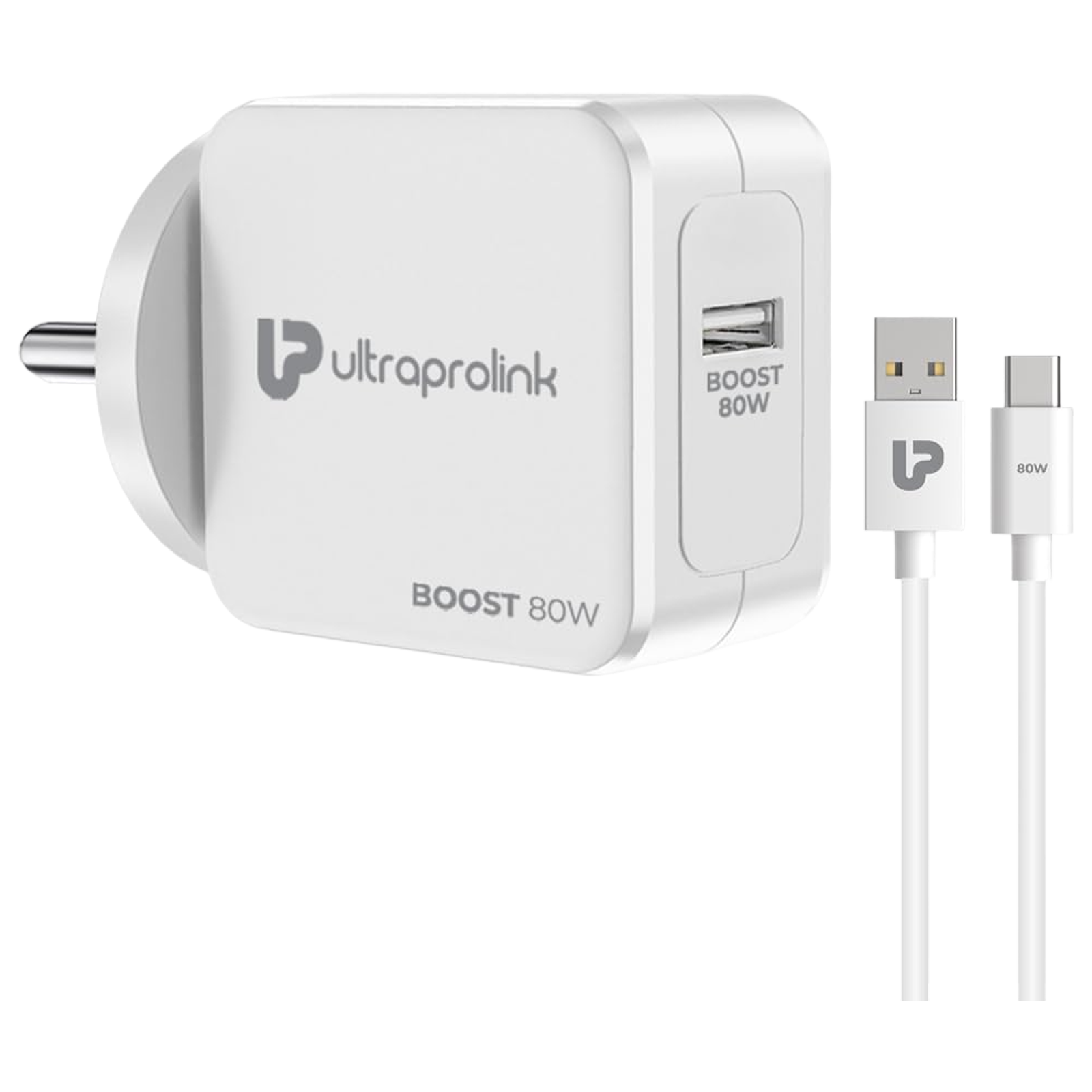ultraprolink Boost 80W Type C Fast Charger (Type A to Type C Cable, Short Circuit Protection, White)