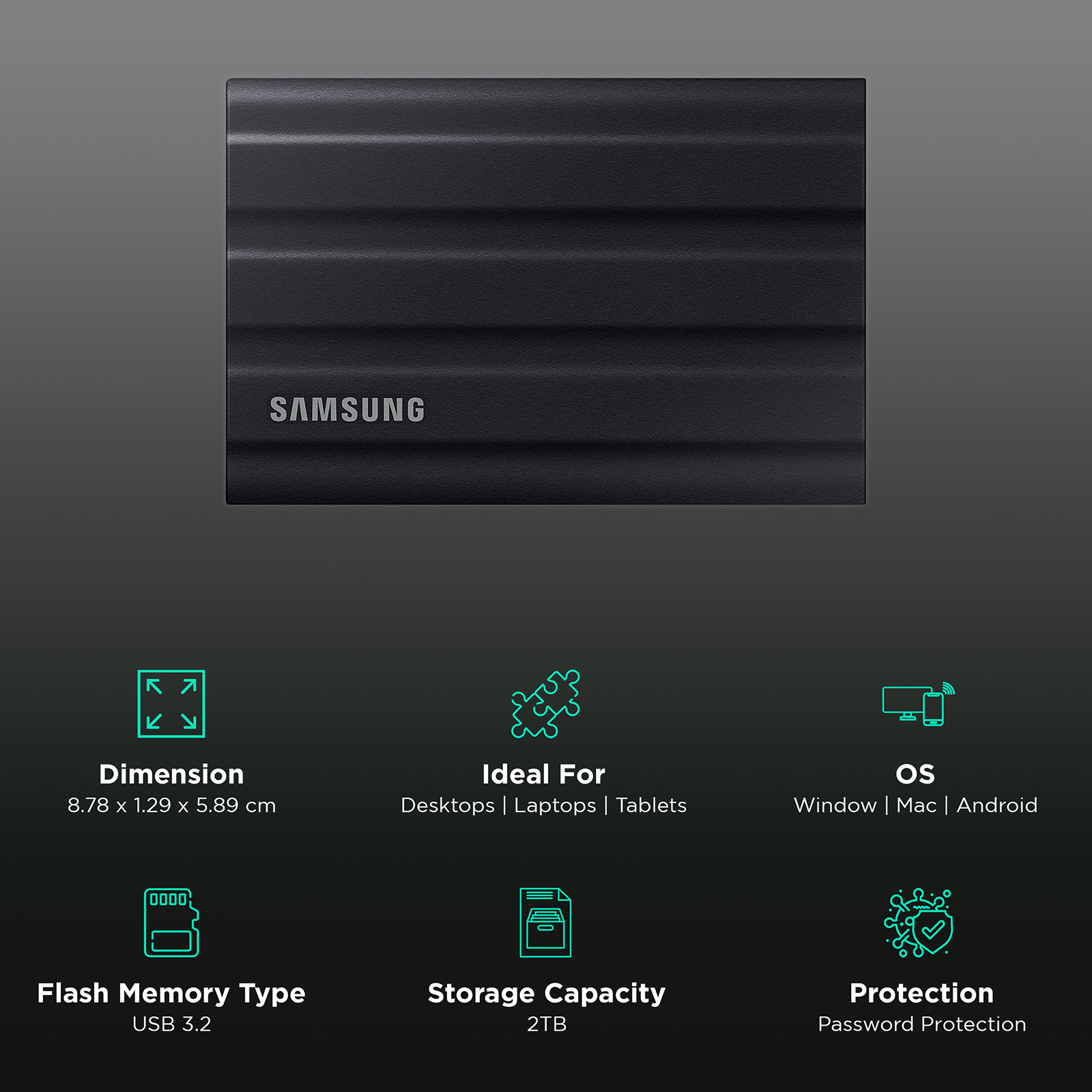 Samsung T7 Touch 1TB Up to 1,050MB/s USB 3.2 Gen 2 (10Gbps, Type-C