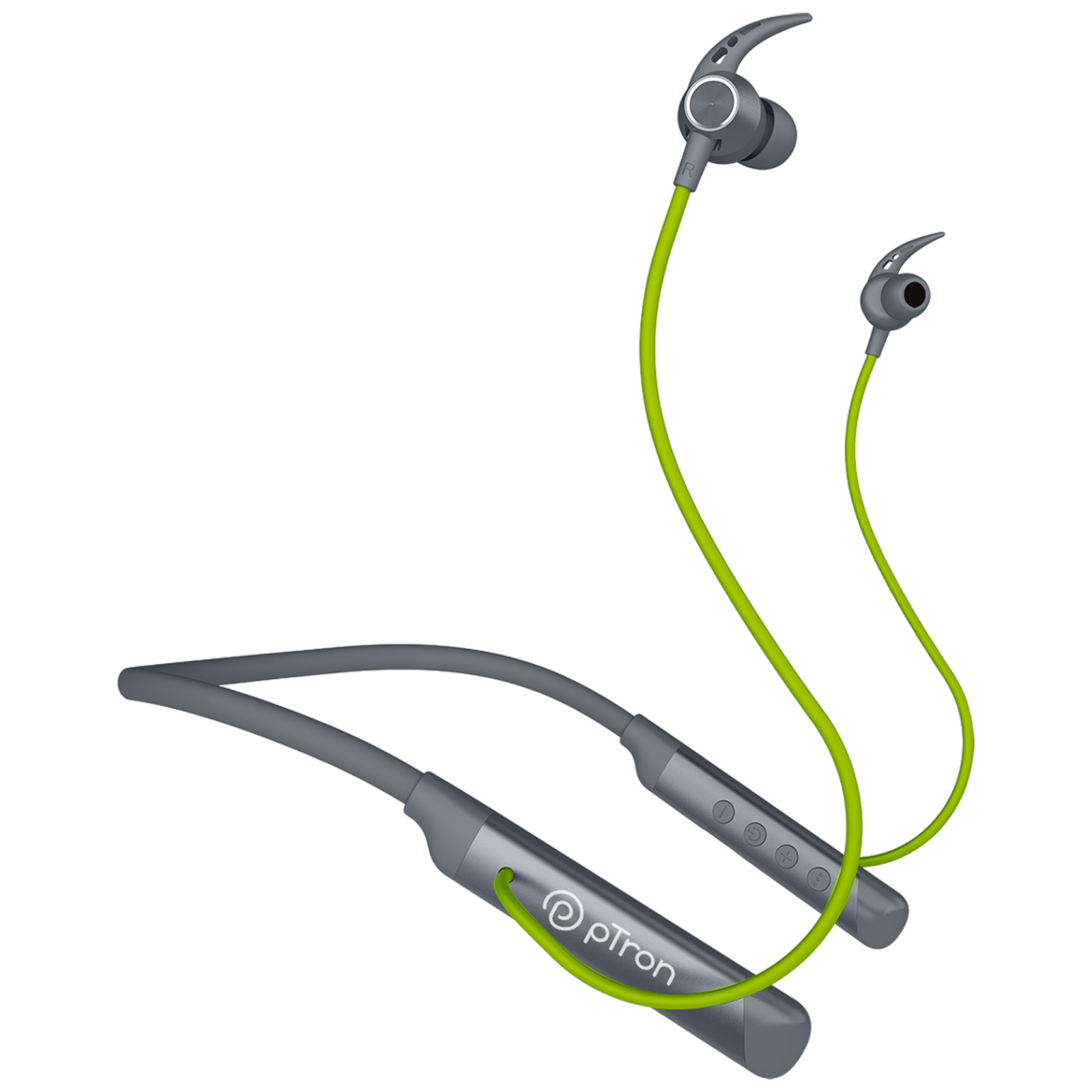 pTron InTunes Ultra Neckband with Environmental Noise Cancellation (IPX4 Water Resistant, Fast Charging, Green and Grey)