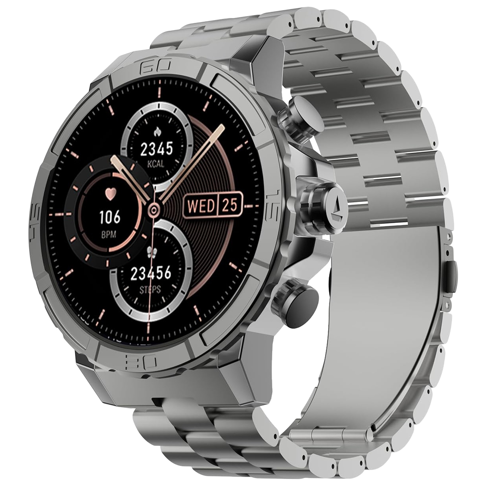 boAt Enigma X700 Smartwatch with Bluetooth Calling (38mm AMOLED Display, IP67 Sweat Resistant, Silver Chrome Strap)