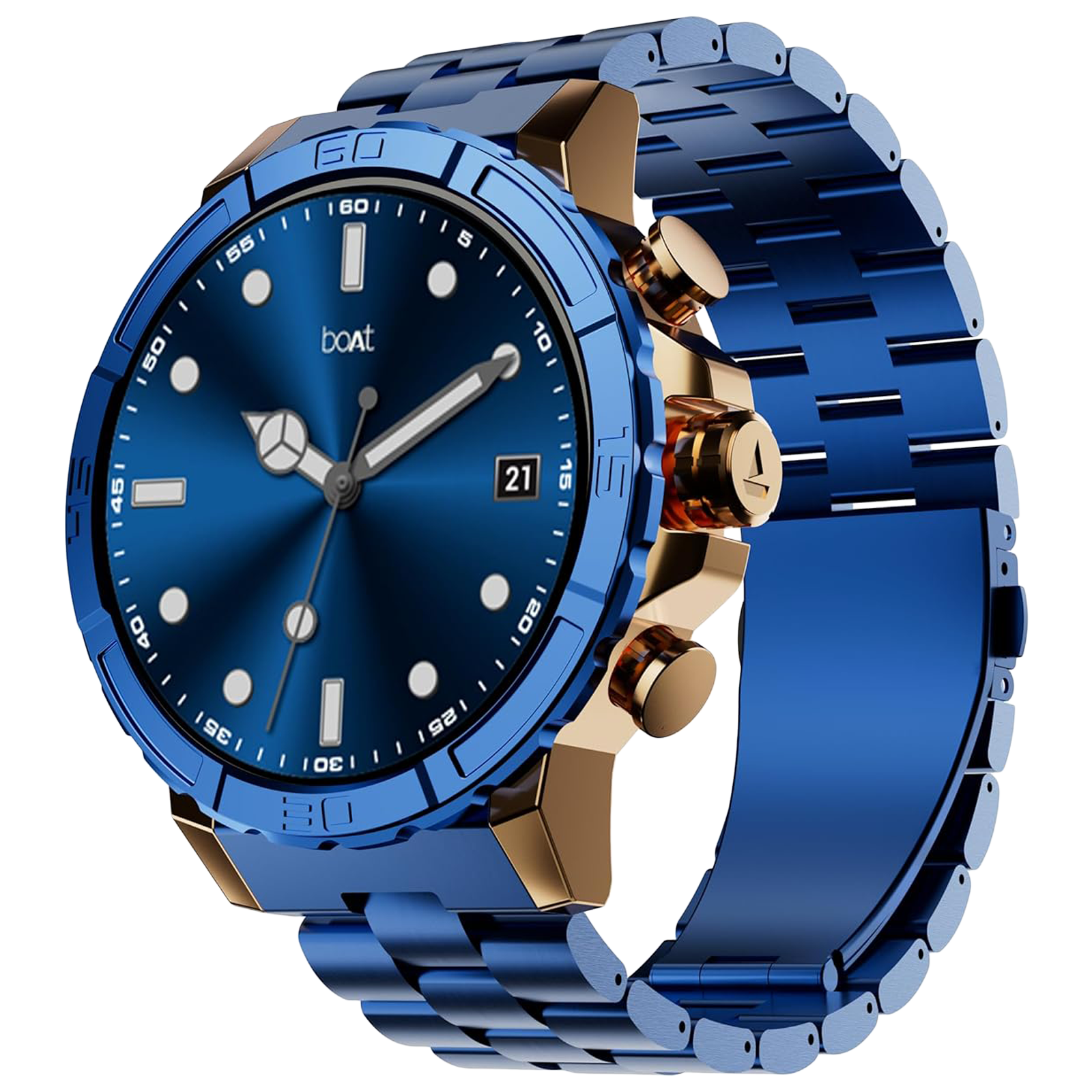boAt Enigma X700 Smartwatch with Bluetooth Calling (38mm AMOLED Display, IP67 Sweat Resistant, Copper Blue Strap)