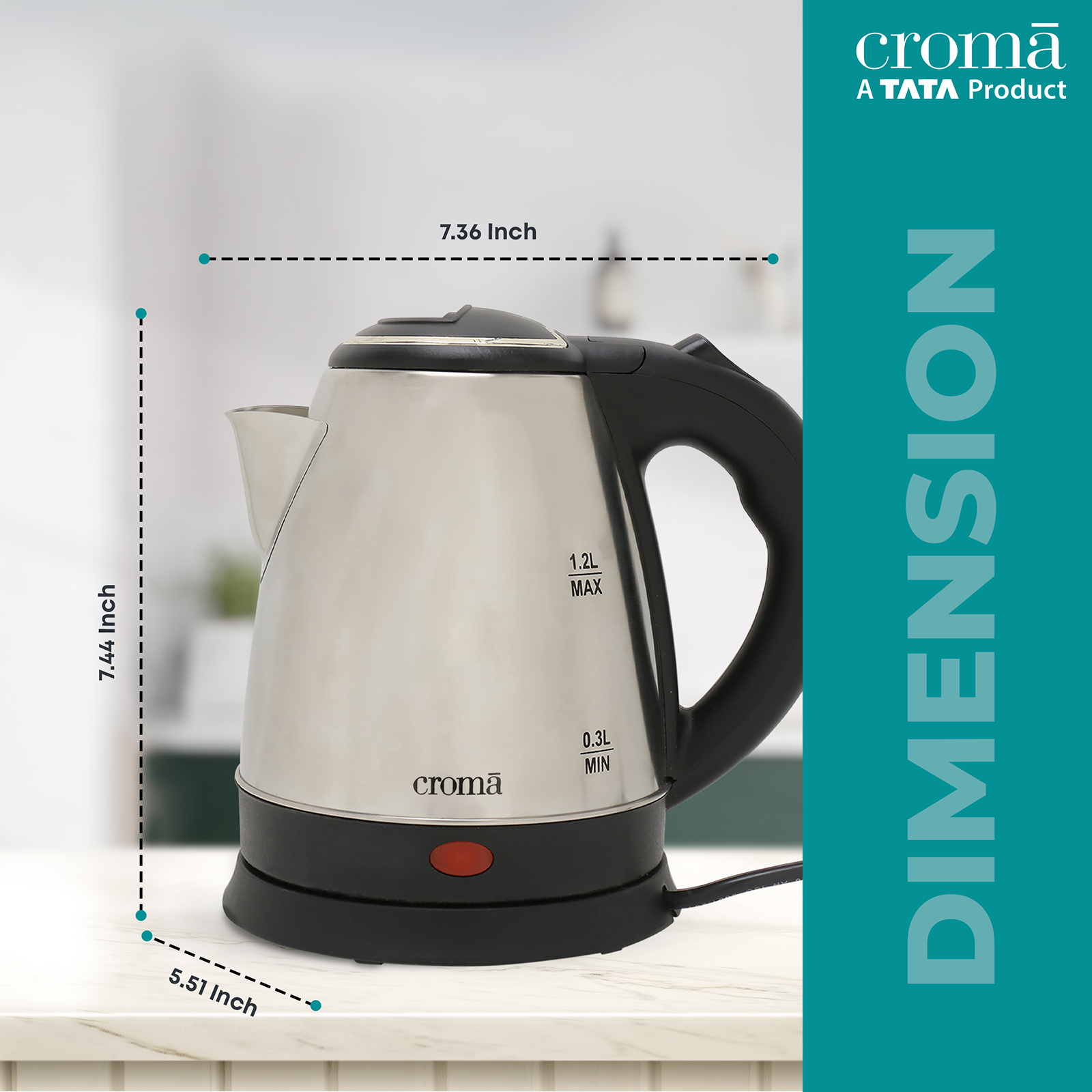 Croma 1500 Watt 1.2 Litre Electric Kettle with Auto Shut Off (Silver)