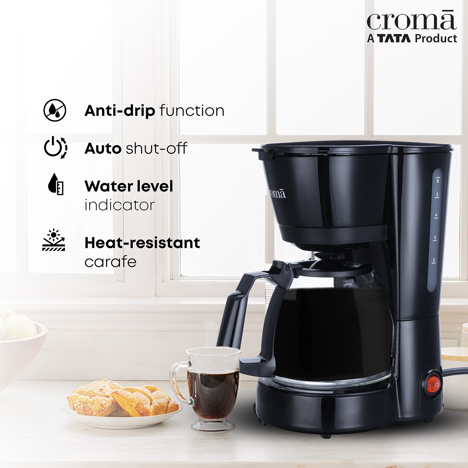 Buy Croma 600 Watt 5 Cups Manual Black Coffee Maker with Rust Resistant  (Black) Online – Croma