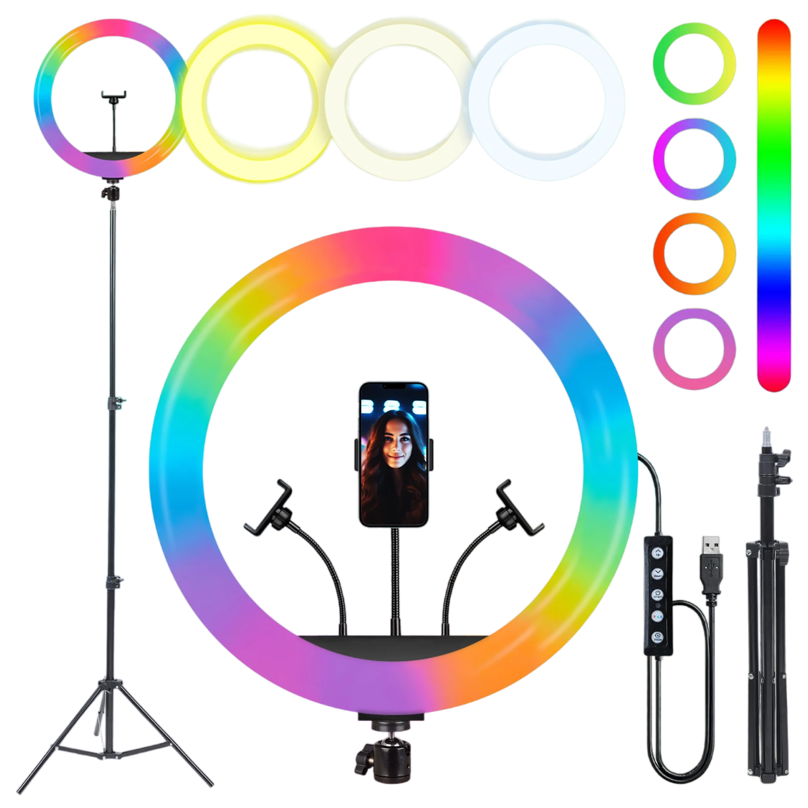 IZI Light RGB Ring Light with Tripod Stand for Live Streaming, Makeup and YouTube Video Shooting (Triple Device Compatibility)