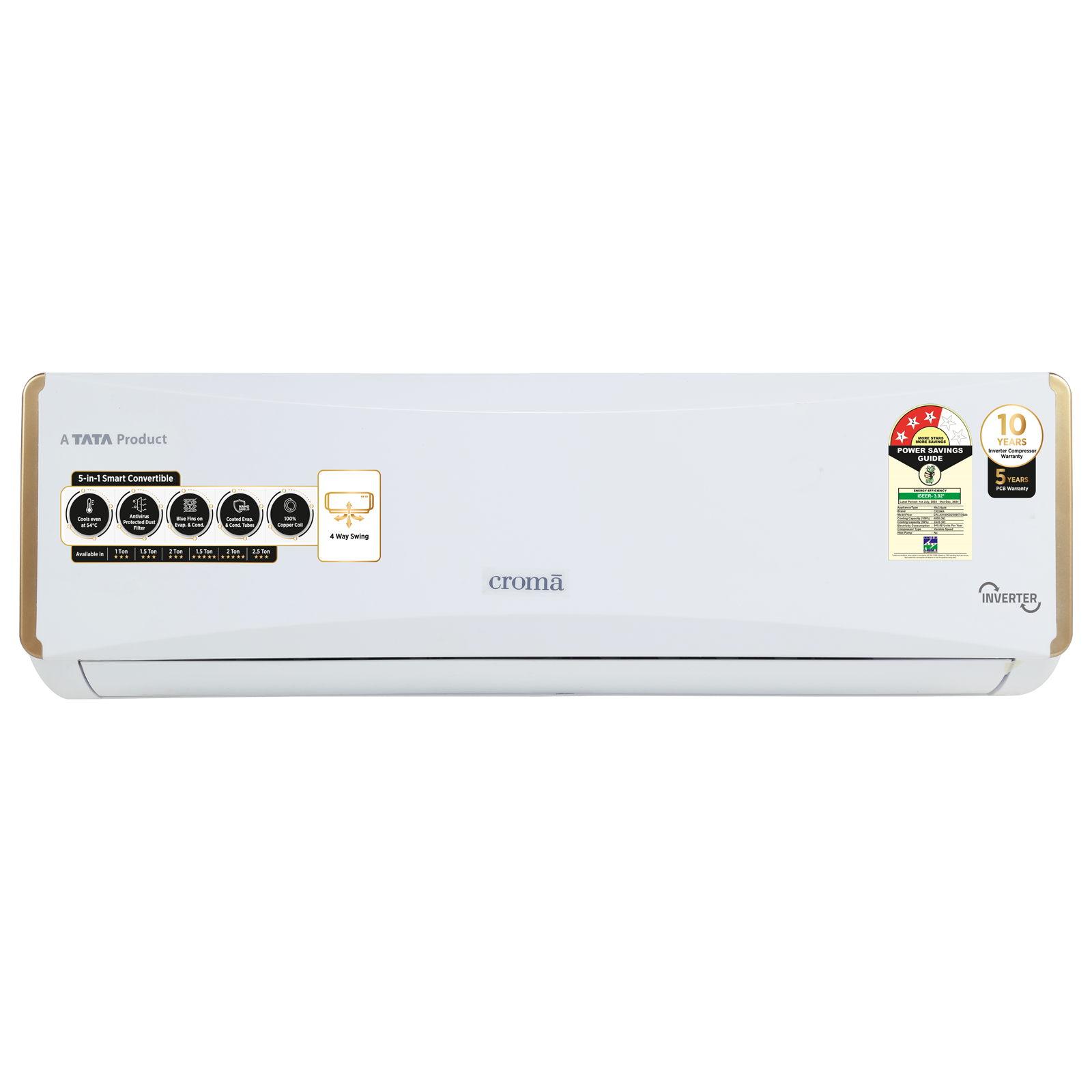 

Croma 5 in 1 Convertible 1.5 Ton 3 Star Inverter Split AC with Dust Filter (2024 Model, Copper Condenser, CRLA018IND255957), White