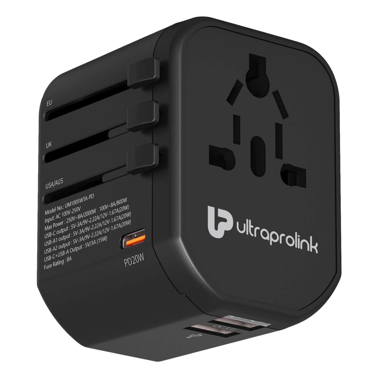ultraprolink TravelMate 3 Plugs Travel Adapter (Worldwide Voltage Compatible, UM1005WTA-PD, Black)